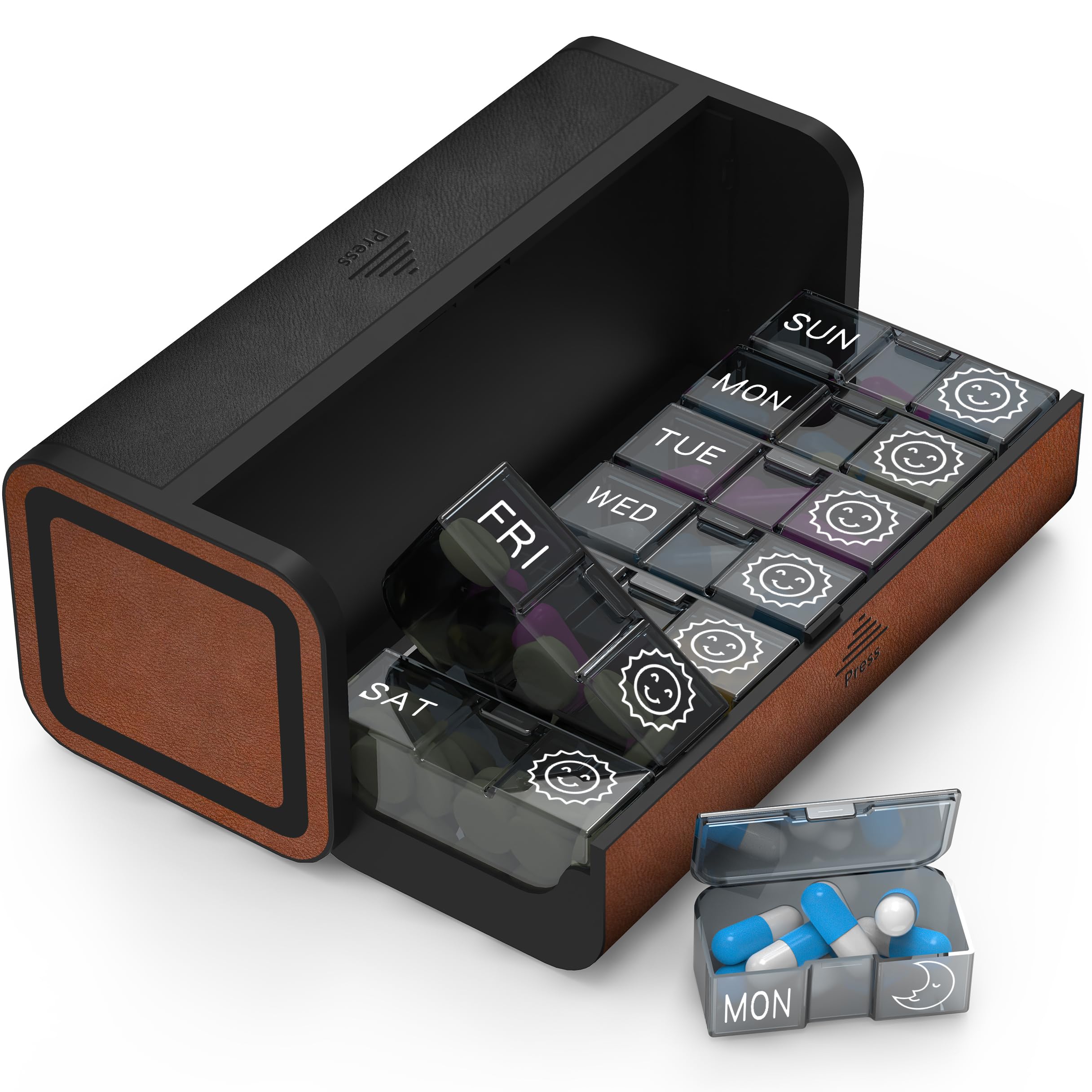 Pill Organizer Weekly, 2 Times a Day for 7-Day Leather Medicine Box Travel Container Vitamin Am Pm Pill Case, Twice Daily Privacy Pill Holder, Modern and Portable Pillbox (Black and Brown)