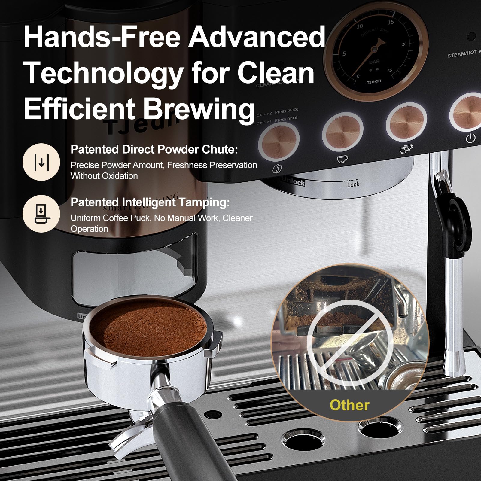 TJEAN Barista Senso – Macchina da Caffè a Doppia Pompa per Caffè in Grano con Macinatore Integrato, Espresso, Latte e Cappuccino con Sistema di Compattazione Intelligente, Schiumatore di Latte Manuale