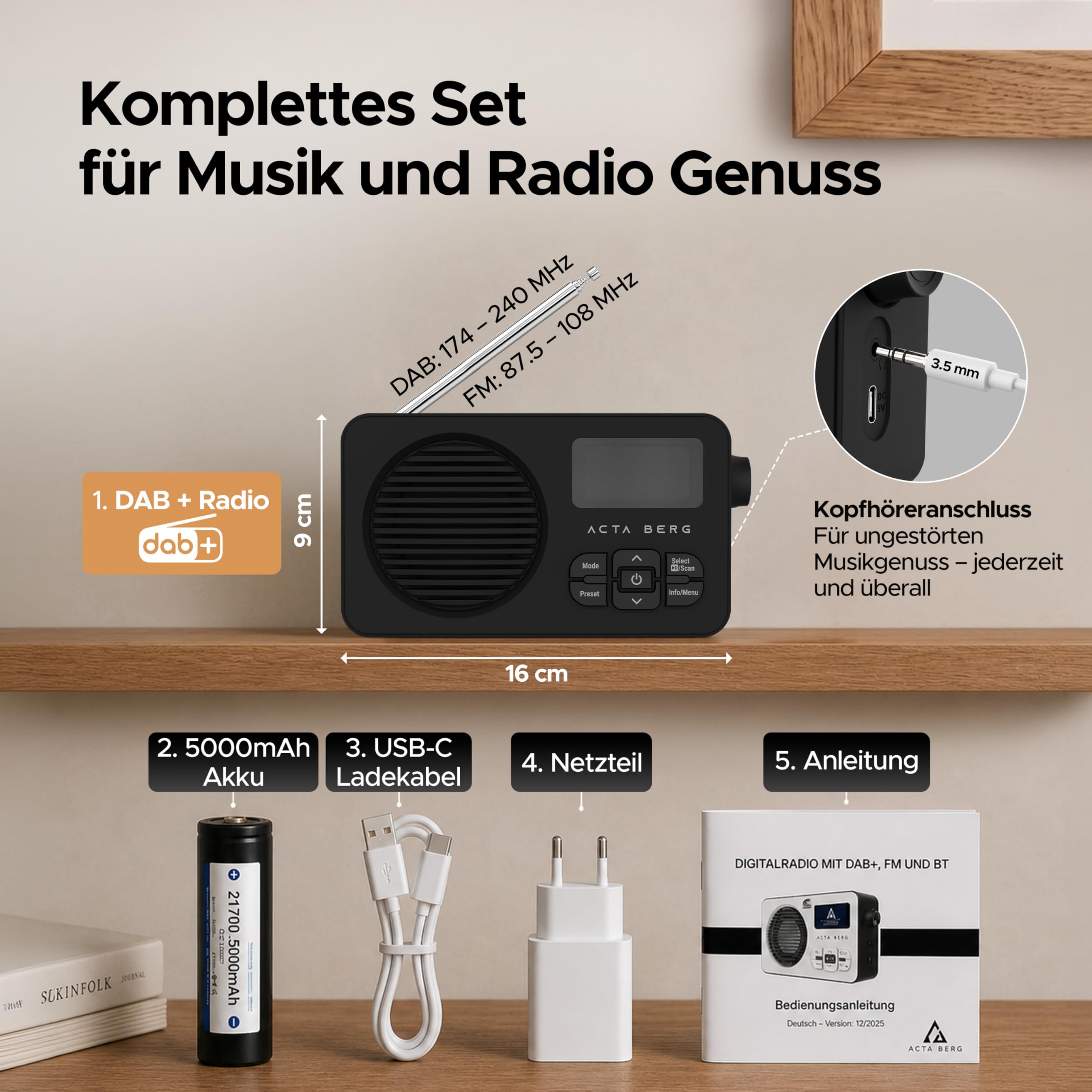 DAB Radio mit Akku 5000 mAh austauschbar & BT 5.3 (Schwarz) | DAB+/UKW-Radio, Akku austauschbar + Netzstecker, 80 Senderspeicher, USB-C, tragbares Digitalradio, mit Wecker & Timer