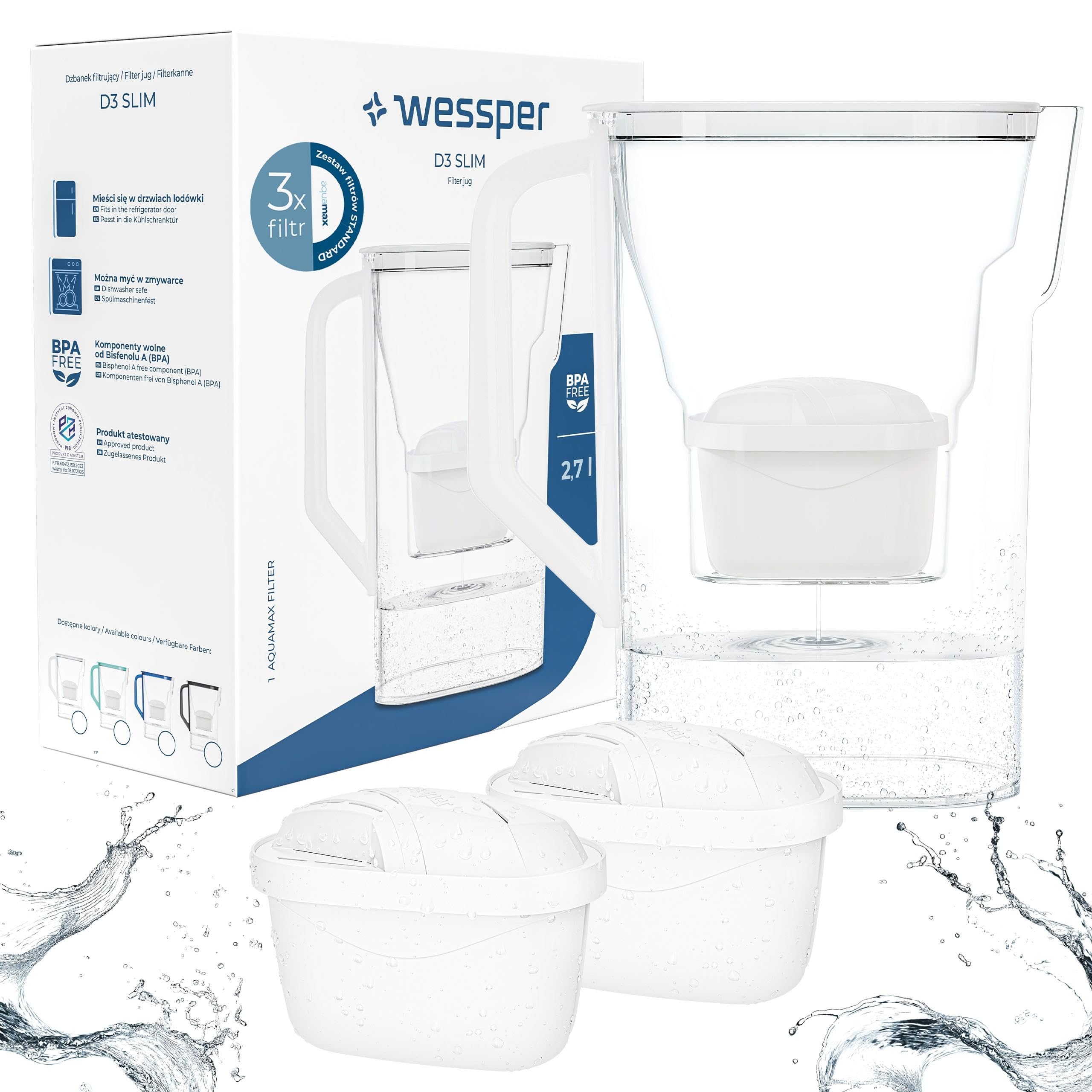 Wessper Dzbanek Filtrujący 2.7L | Zamiennik dla filtra Dafi Unimax Aquaphor A5 BRITA Maxtra+ PHILIPS AWP212/10 | Redukuje Kamień i Chlor | Zestaw zawiera dzbanek filtrujący i 3 filtry, Biały