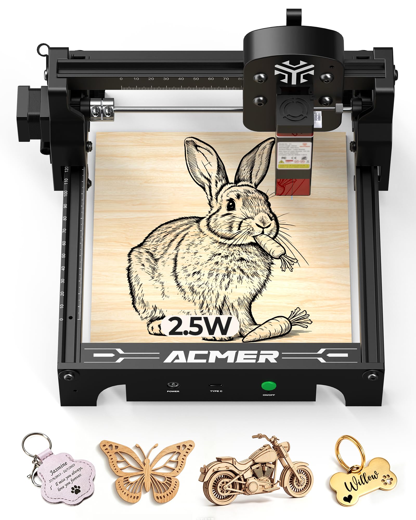 Acmer T1 Maszyna do grawerowania laserowego 2,5 W, przenośne mini urządzenie do grawerowania, precyzyjna wycinarka laserowa 0,01 mm, obszar roboczy 130 x 130 mm, grawerka laserowa do drewna, skóry