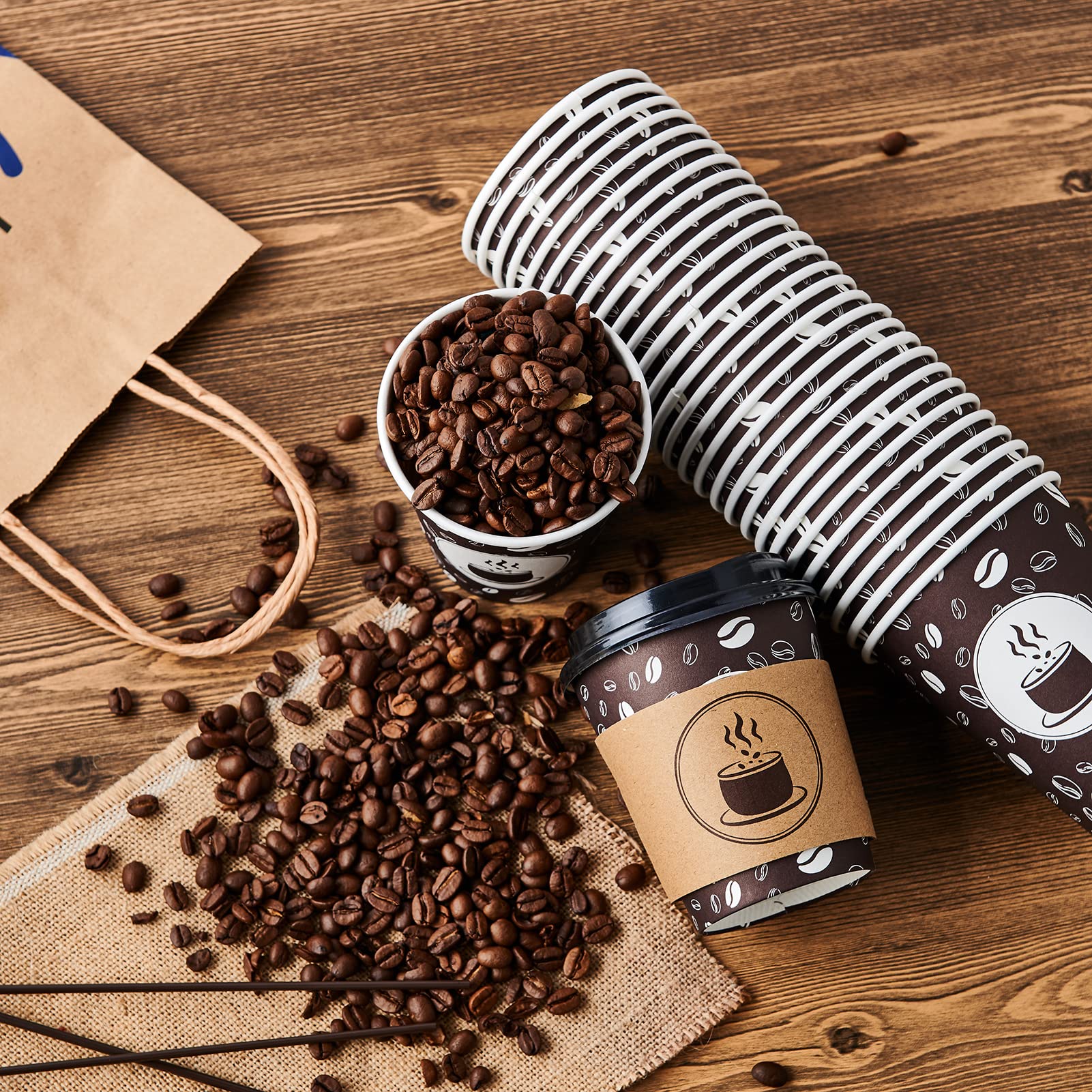 JOLLY PARTY Disposable Coffee Cups with Lids, Sleeves and Straws - 10oz(100 Pack) Paper Coffee Cups with Lids, Durable,BPA Free Hot Coffee Cups for Shops, Cafes, and Concession Stands.(Dark Brown)