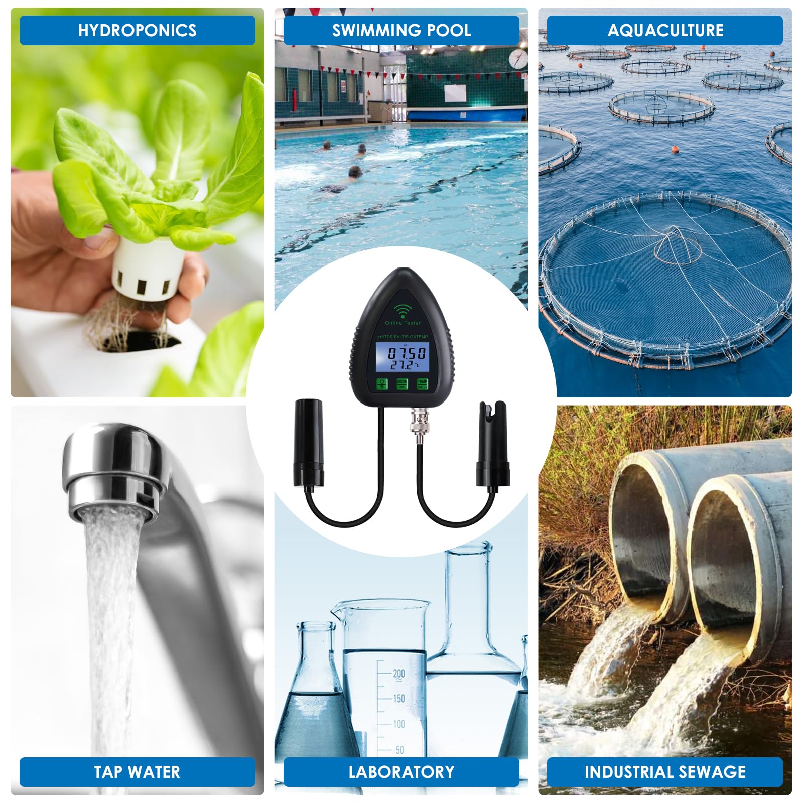 Monitor di pH WiFi 5 in 1, tester di qualità dell'acqua, pH/S.G/TDS/sale/temperatura 24/7, monitoraggio idroponico online con registrazione dati e allarme per acquario, laghetto, piscina di acqua