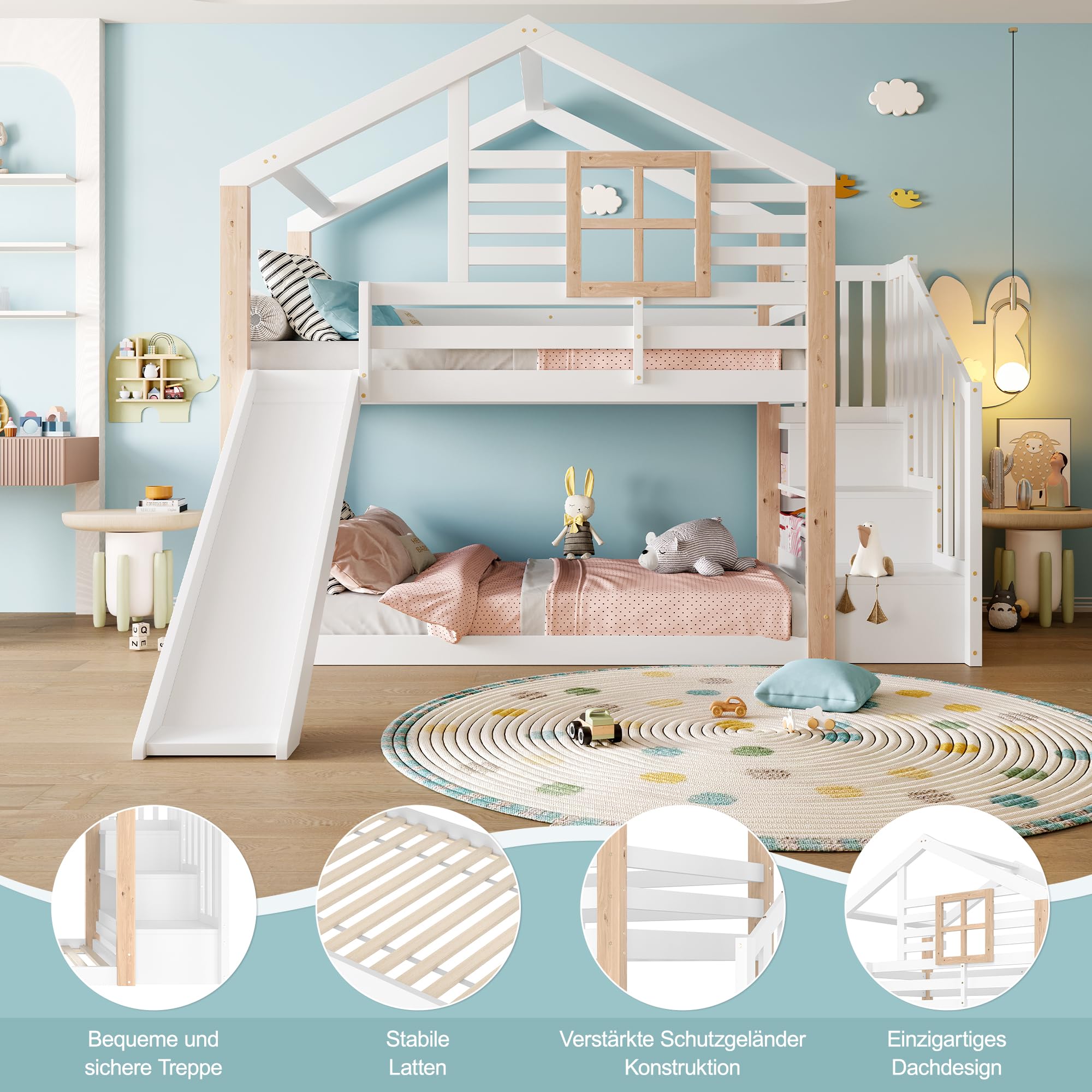 Zepneiy Lit Cabane Enfants 90x200 avec Toboggan et fenêtre, Lit Superposé 2 Places avec Rampe et Espace de Rangement, pour Les frères et sœurs, en Bois Massif Blanc (sans Matelas)