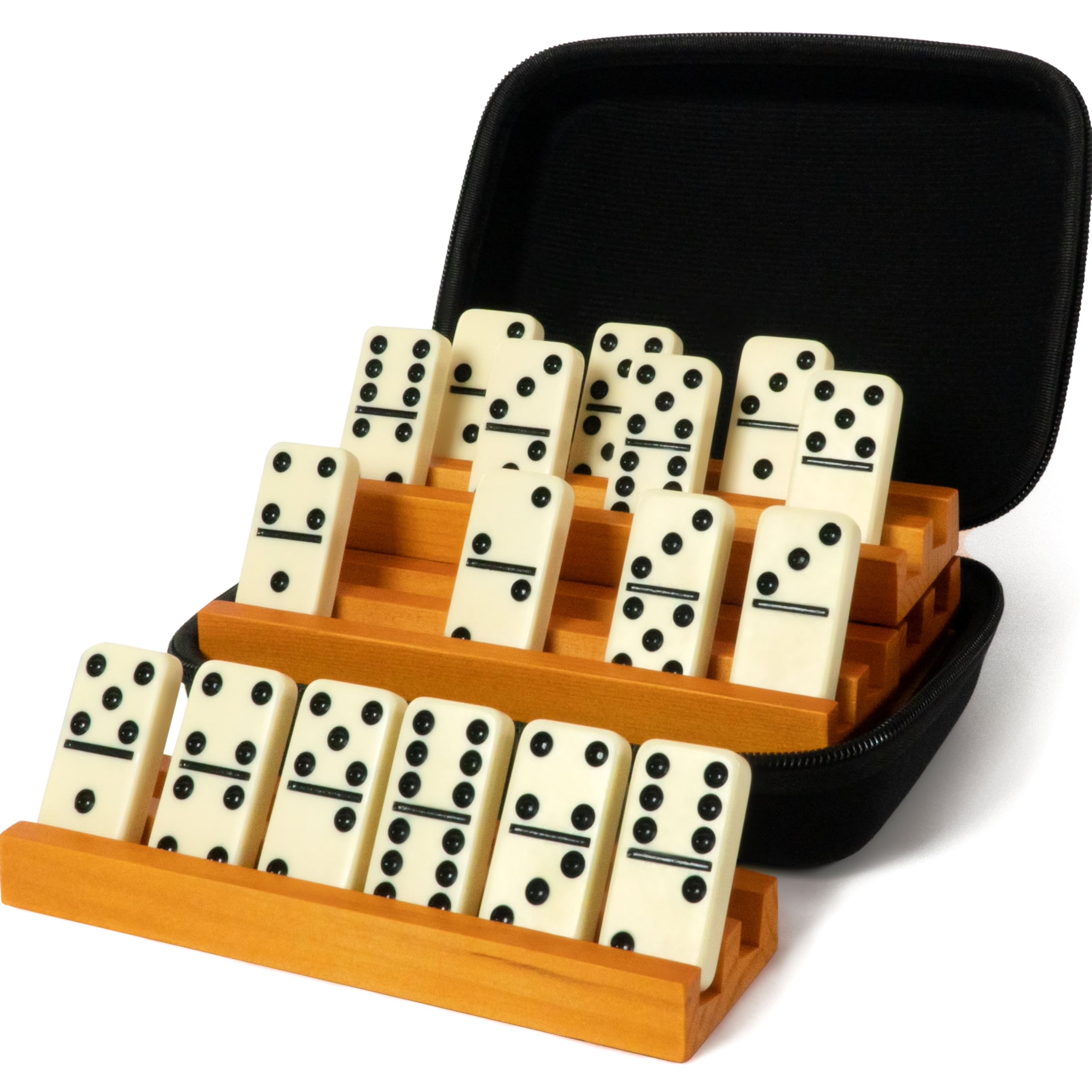 Queensell Domino-Set für Erwachsene mit 4 Domino-Haltern – Doppel-6 Domino-Set mit Domino-Halter, Klassische Brettspiele für Kinder und Erwachsene – Standard Doppel-Sechs Dominos-Sets mit 28 Steinen