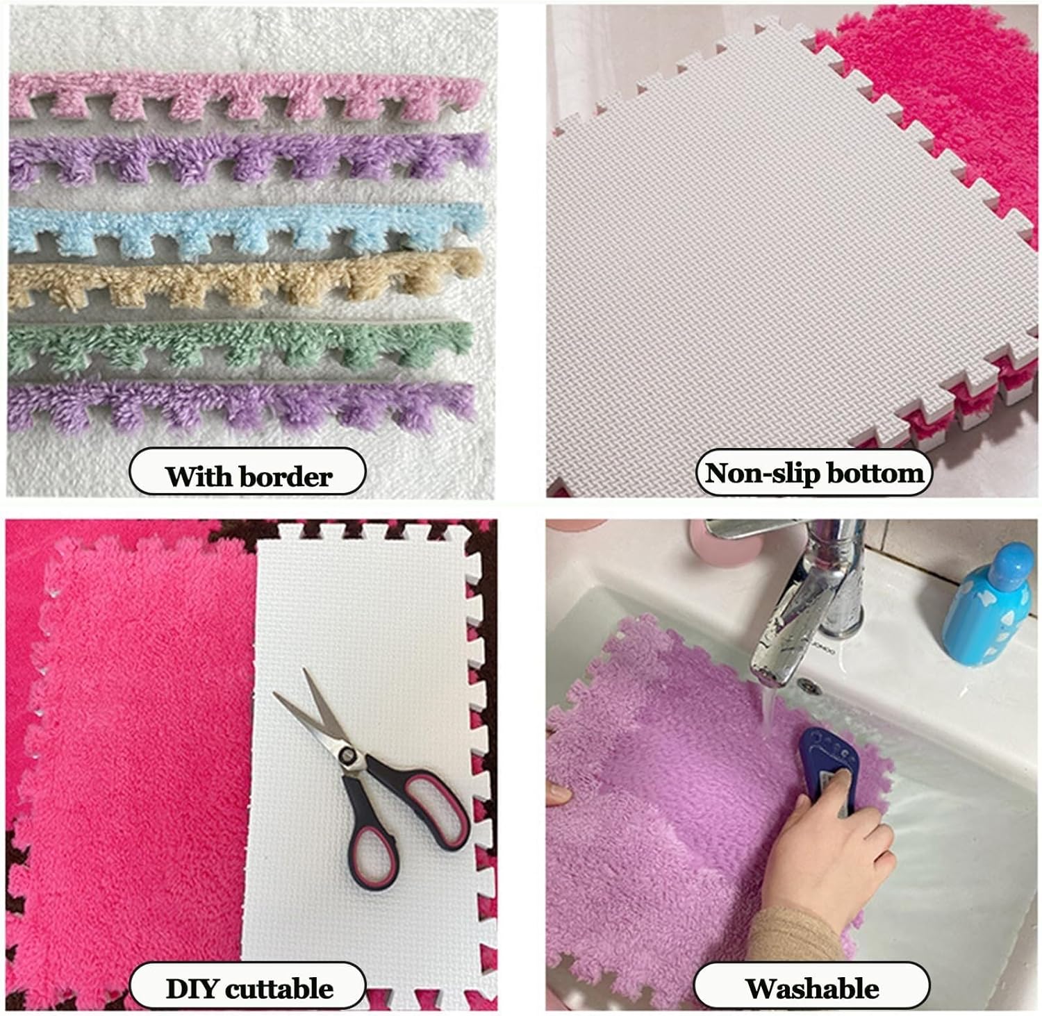 50pcs Plush Foam Floor Mat Puzzle Carpet, 12x12 in Thick 0.4" Eva Foam Jigsaw Floor Tiles with Border, Square Shaggy Interlocking Foam Carpet Tiles(Pink+Light Blue)