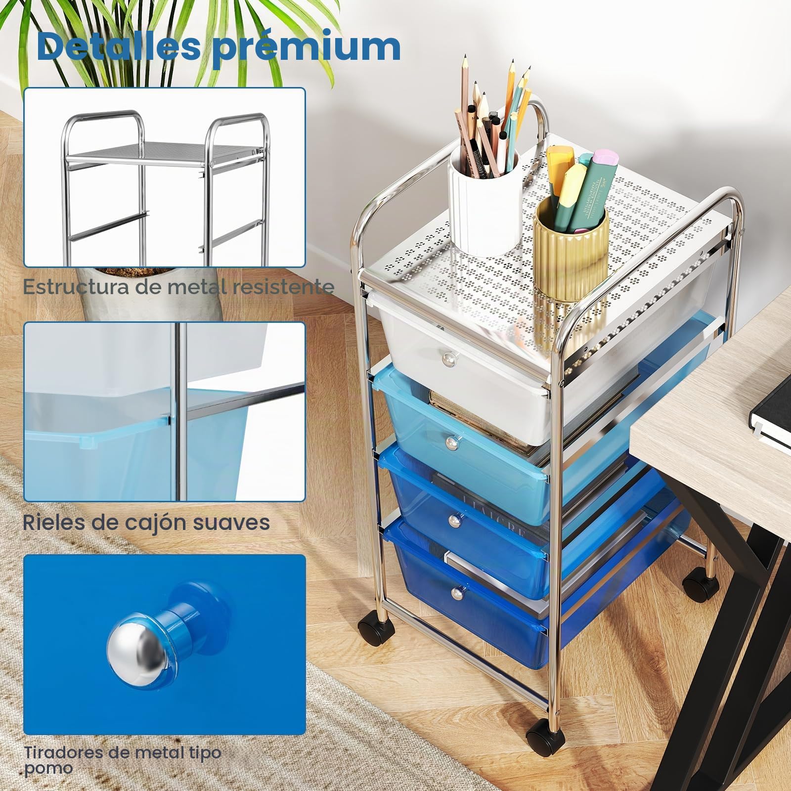 GIANTEX Carro de Almacenamiento con 4 Cajones Plásticos, Carrito Auxiliar con Estructura de Metal, Ruedas Bloqueables, 32 x 37 x 76 cm, Organizador para Baño, Cocina (Azul)