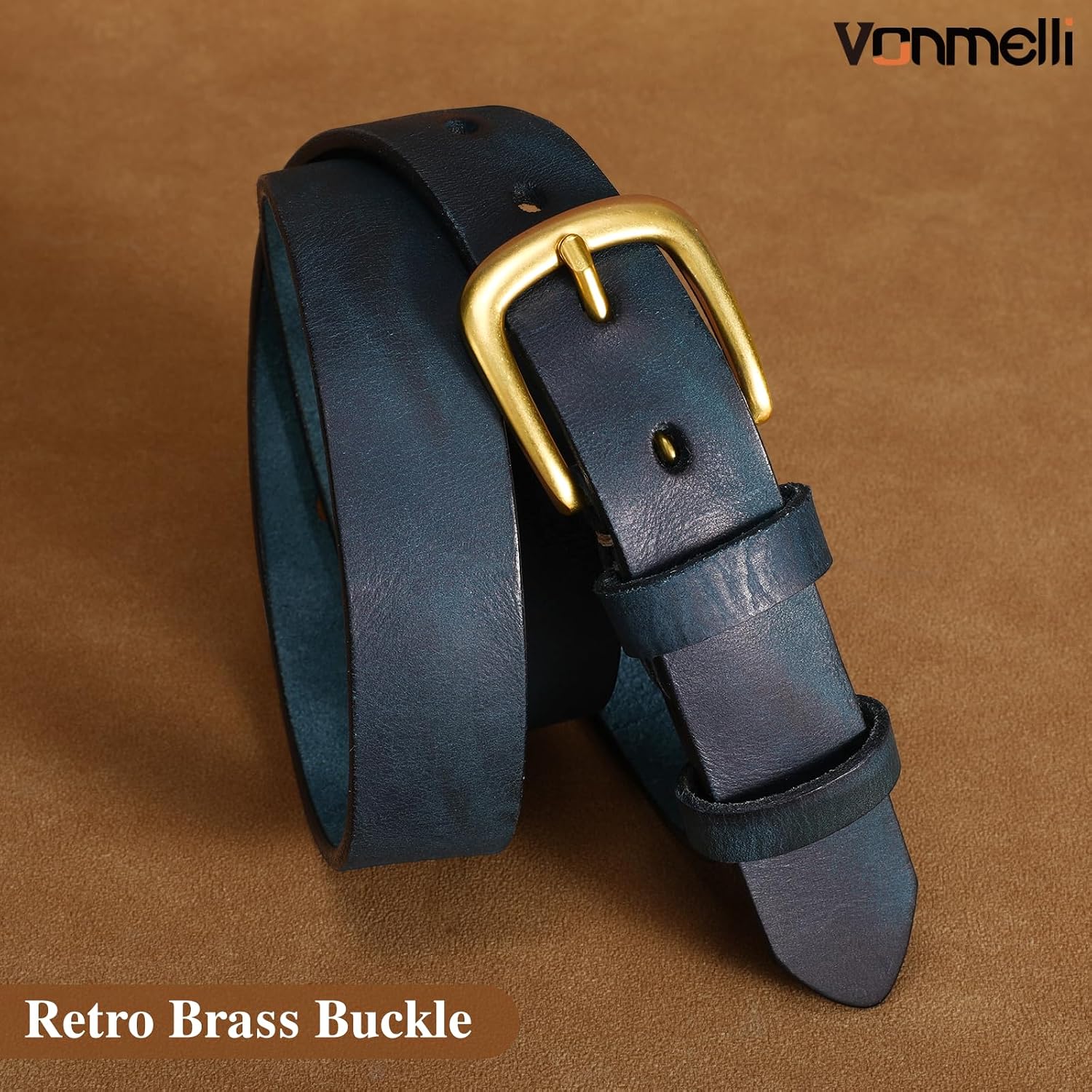 VONMELLI Womens Genuine Leather Belts for Jeans Pants Ladies Full Grain Belt With Vintage Gold Buckle