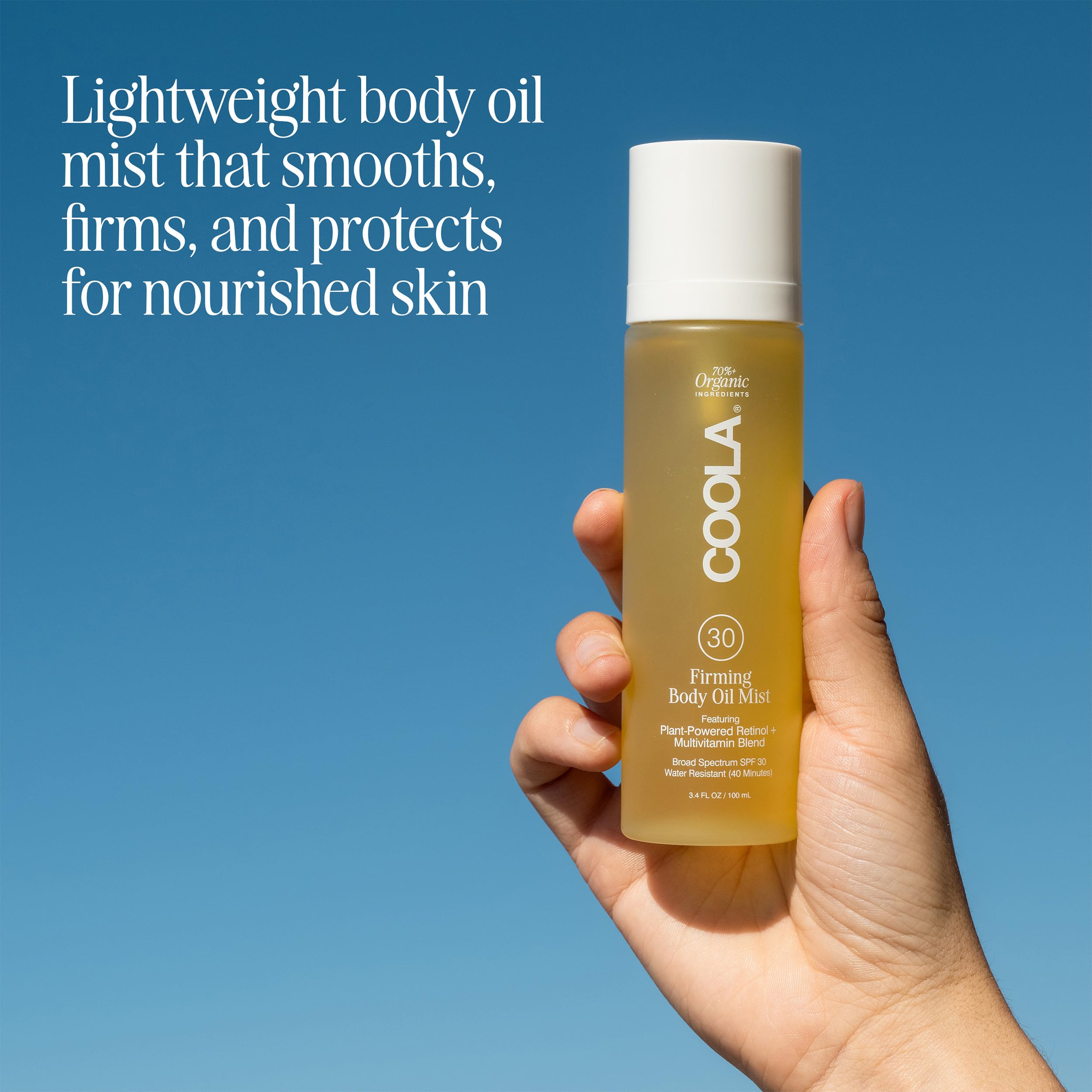 COOLA Firming Body Oil Mist SPF 30, Organic Lightweight Hydrating Sunscreen Mist with Bakuchiol, Vitamins C, D, E, Sea Buckthorn & Moringa Oils, Firms & Smooths Skin, 3.4 Oz