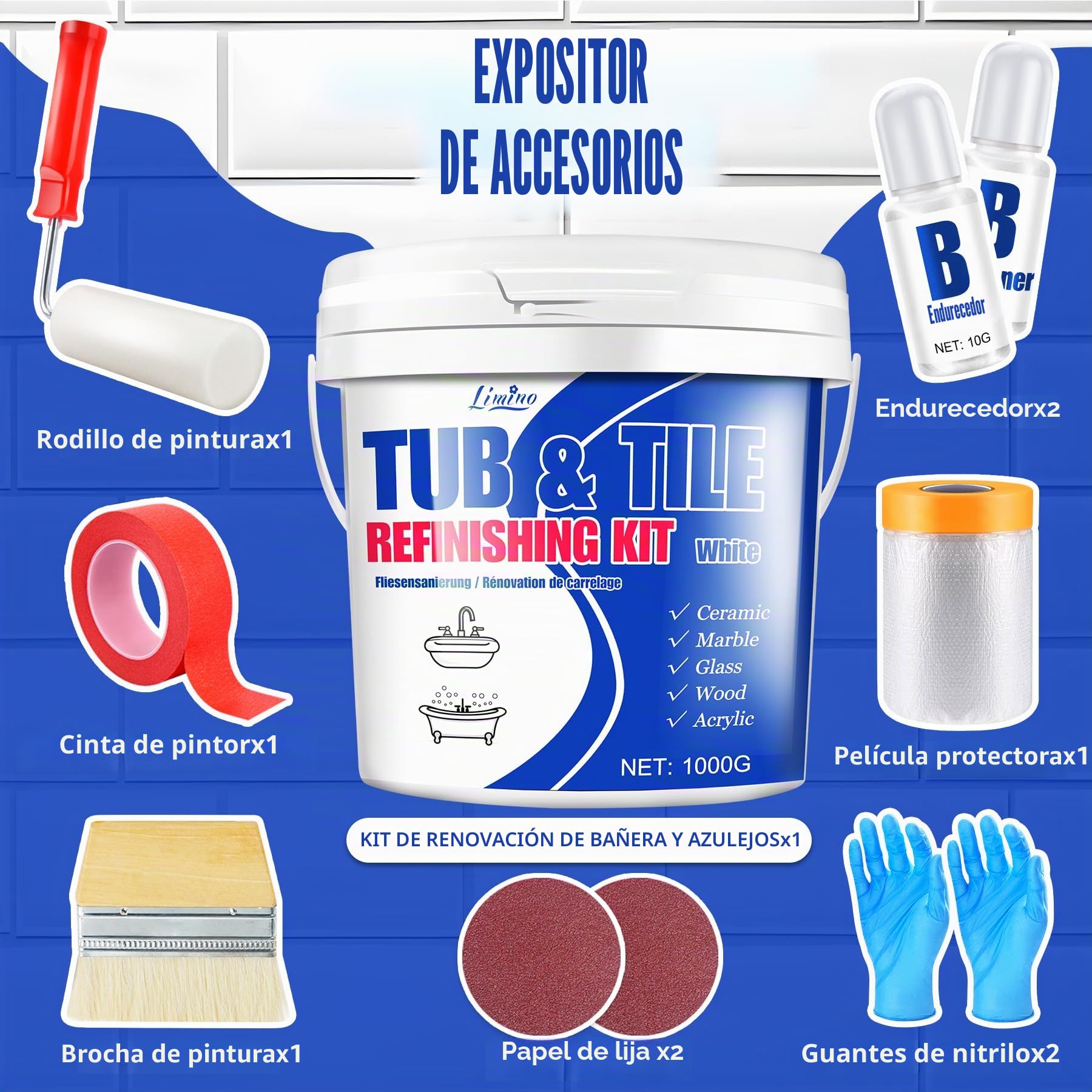 Kit de Restauración de Bañera y Azulejos - Pintura para Azulejos Blanca Semi-Brillante con Herramientas para Bañera, Lavabo, Encimera para Baño y Cocina, Cerámica, Porcelana, Fibra de Vidrio (1000g)
