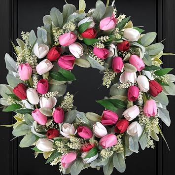 Valentines Tulip Wreath 22 Inch Spring Summer Flora Wreath for Front Door with White Pink Tulip and Hearts Bow for Indoor Outdoor Anniversary Wedding Dinner Decorations