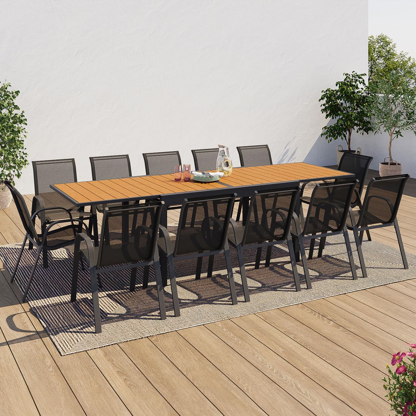 IDMarket - Salon de Jardin Poly Table Extensible 135-270 CM et 12 chaises Bois et Gris foncé