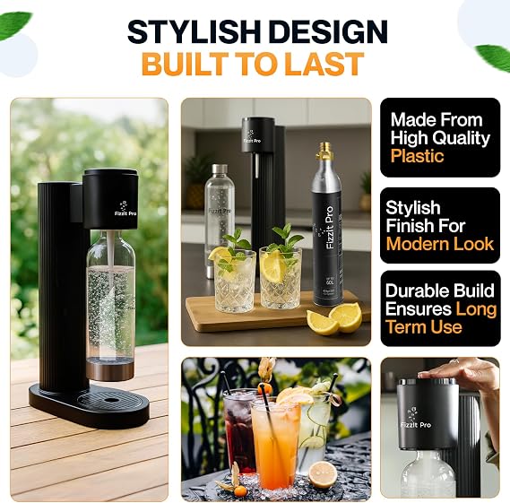 Soda Maker Machine, Black - Easy One-Touch Sparkling Water Maker with Reusable 1L BPA-Free Bottle, 425g CO₂ Canister - No Power Required, Durable & Modern Design for Home Use