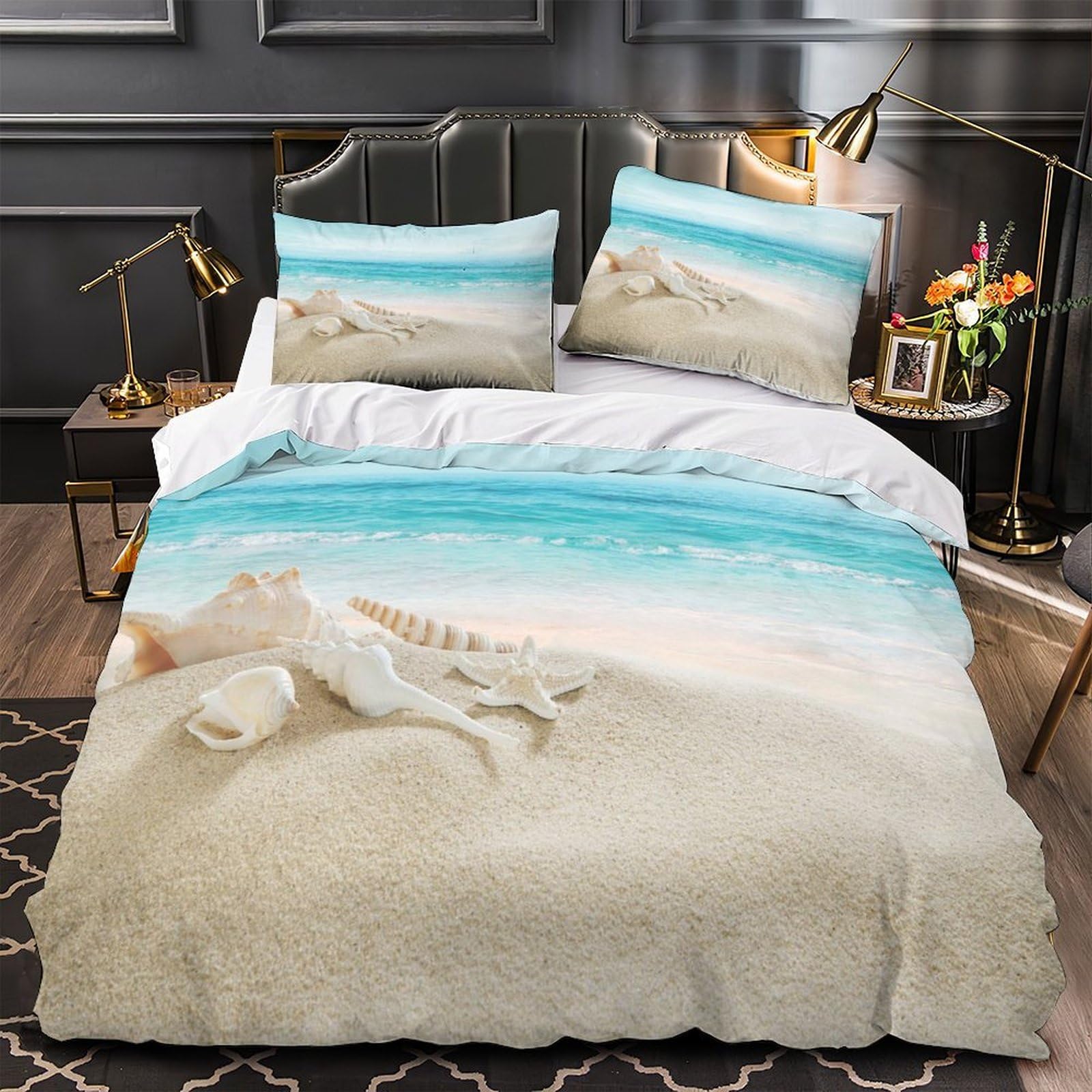 MMDASBVPE Beach Shells Quilt Cover 3D Design Printed Super Soft 3 Pcs Bedding Set Zipper Comforter Cover Ultra Soft Hypoallergenic for Kids Adults Women Teens Youth Super king（260x220cm）