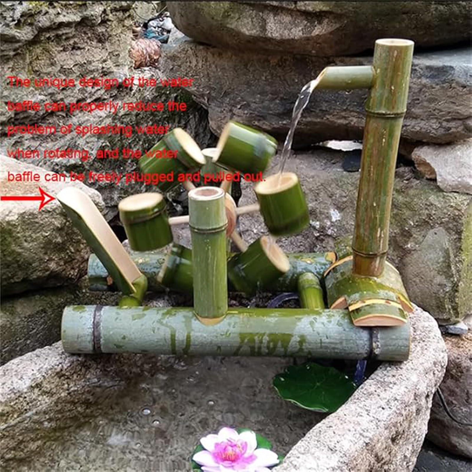 Fontana autoportante in bambù realizzata a mano con pompa solare, elemento d'acqua oscillante in stile Zen Feng Shui, decorazione per la circolazione dell'acqua, per laghetto, vasca in pietra, acquari
