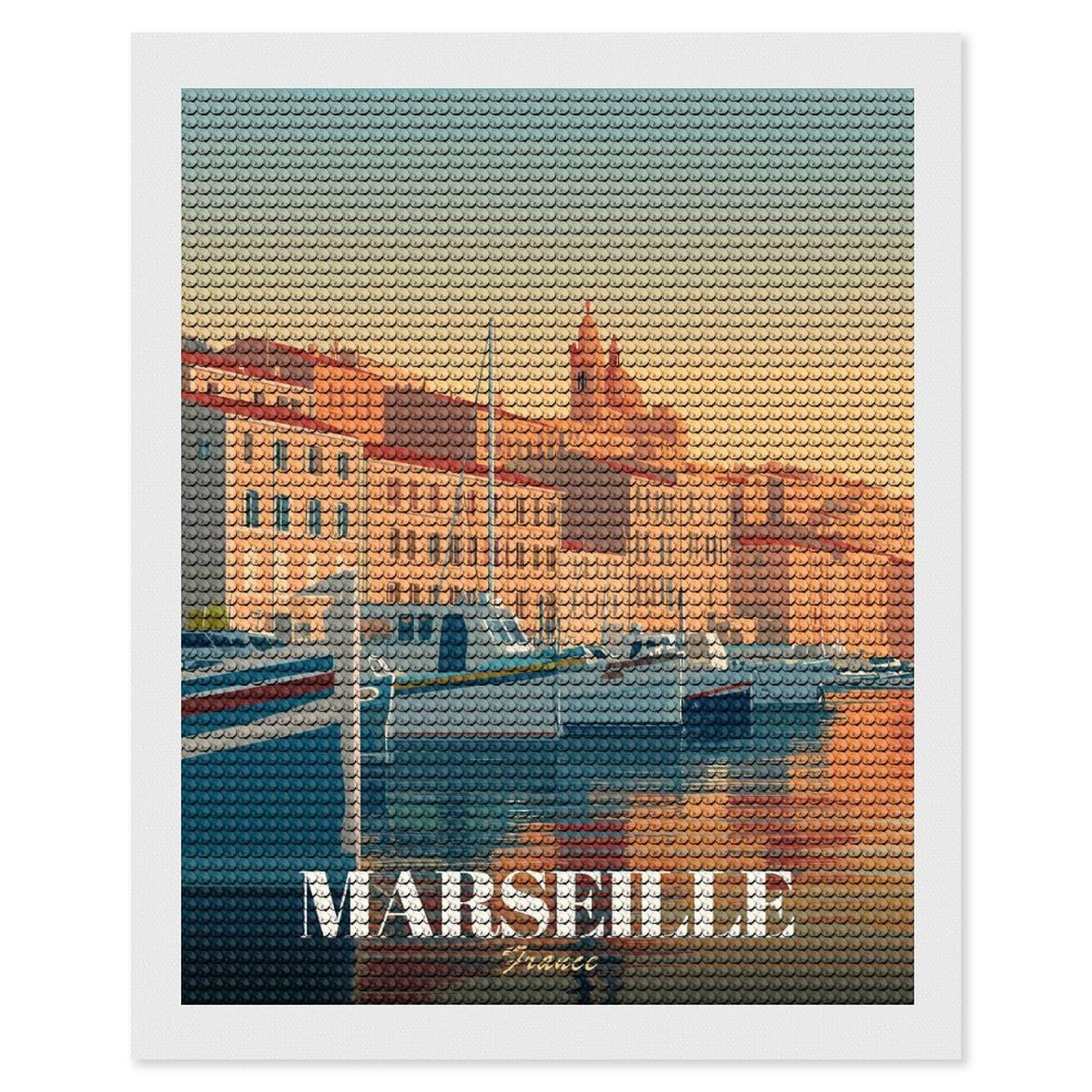 Junmoney Marseille France Travel (2) DIY Diamond Art Canvas Kit 16"x20", Decorate Your Room, Sparkling Round Gems, Fun Craft Experience, Farmhouse Decor
