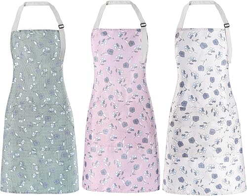 Delantal para mujer con bolsillos, 3 piezas, delantal floral impermeable con correa ajustable para el cuello para cocinar, hornear, jardinería,