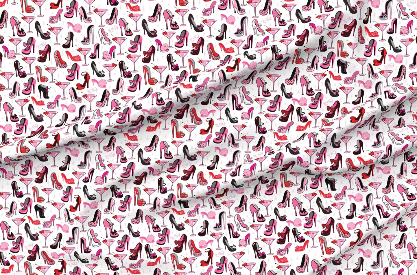 Spoonflower Fabric - Retro Shoes Pink Martinis Large Cute Vintage Art Printed on Minky Fabric by The Yard - Sewing Baby Blankets Quilt Backing Plush