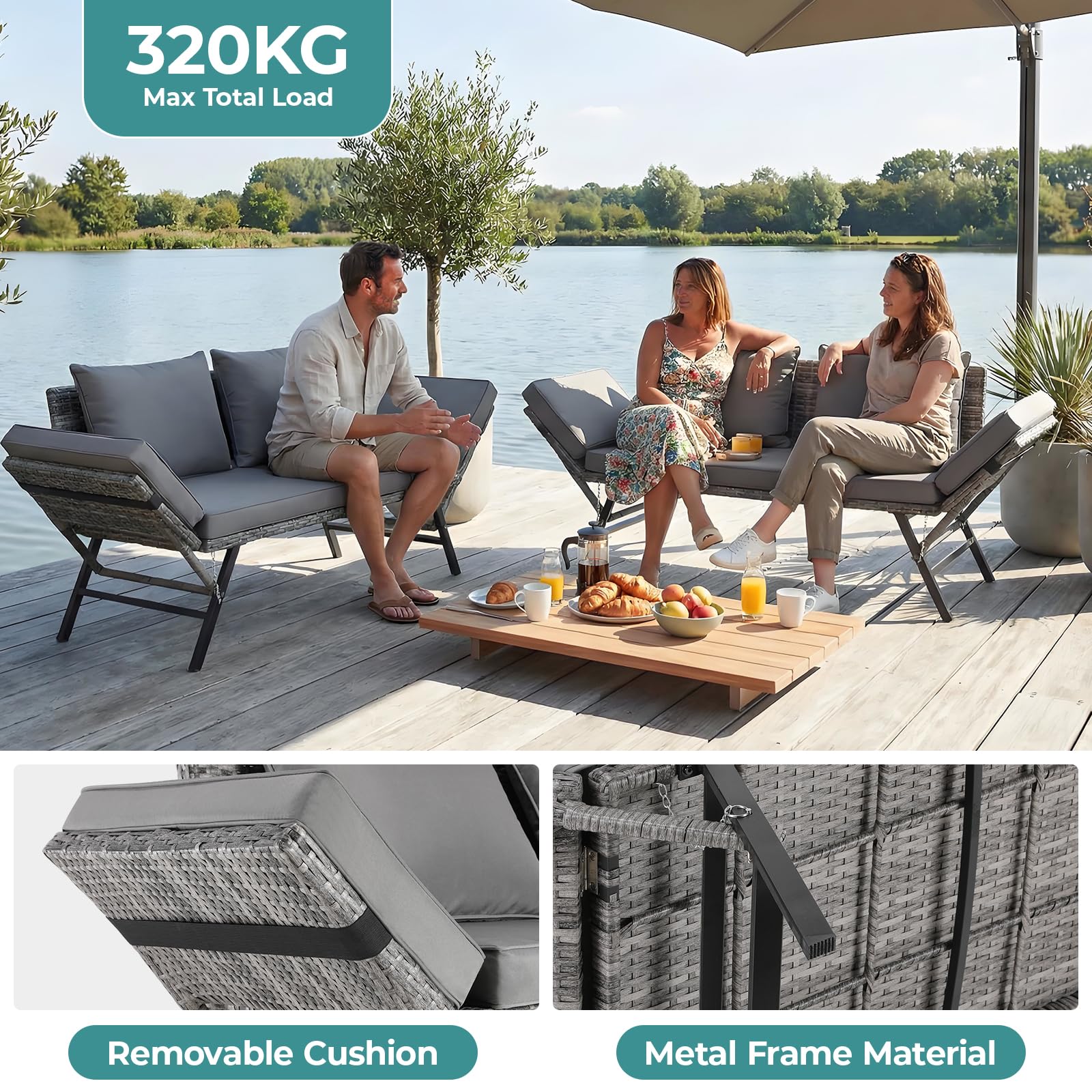 Divano Esterno Giardino in Polyrattan con Funzione Reclinabile, Divanetto da Esterno 2 Posti,Mobili da Giardino in Rattan,Divano in Polyrattan con Braccioli Regolabili,per Giardino,Terrazza (Grigio)