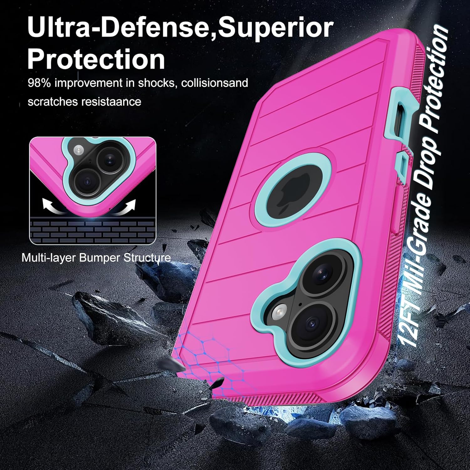 Annymall for iPhone 16 Case with Screen Protector,Heavy Duty 3-Layer Military Grade Drop Protection Cases,Full Body Shock-Absorbing Dust Proof Rugged Bumper Phone Cover for Apple 16 6.1" (Rose) - Image 3