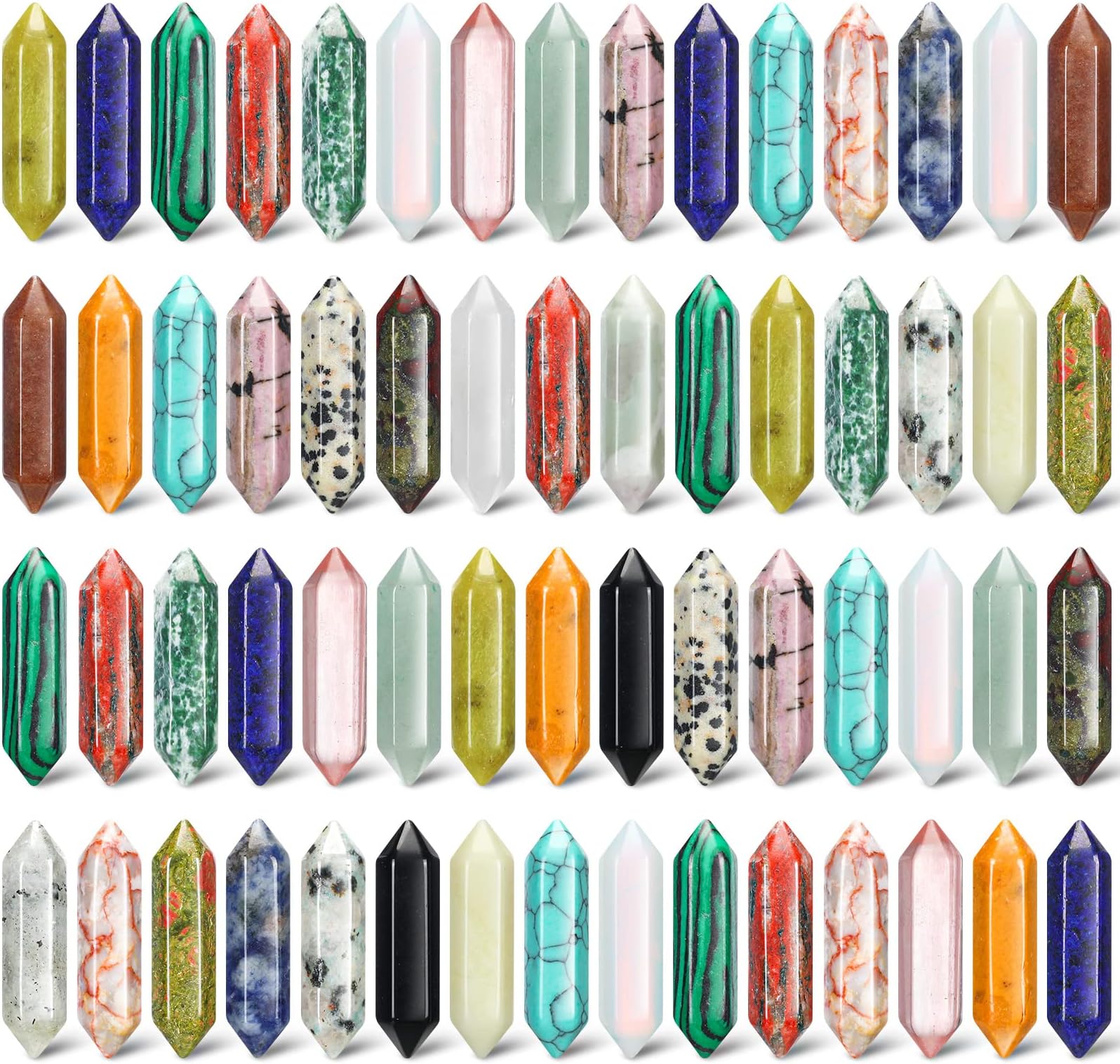 Nuenen 60 Pcs Crystal Hexagonal Wand Stones Bulk Worry Stones Healing Bullet Crystals Stones Sets Witch Hexagonal Bullet Shaped Gemstones Chakra for Witchcraft Meditation Divination(Classic Colors)
