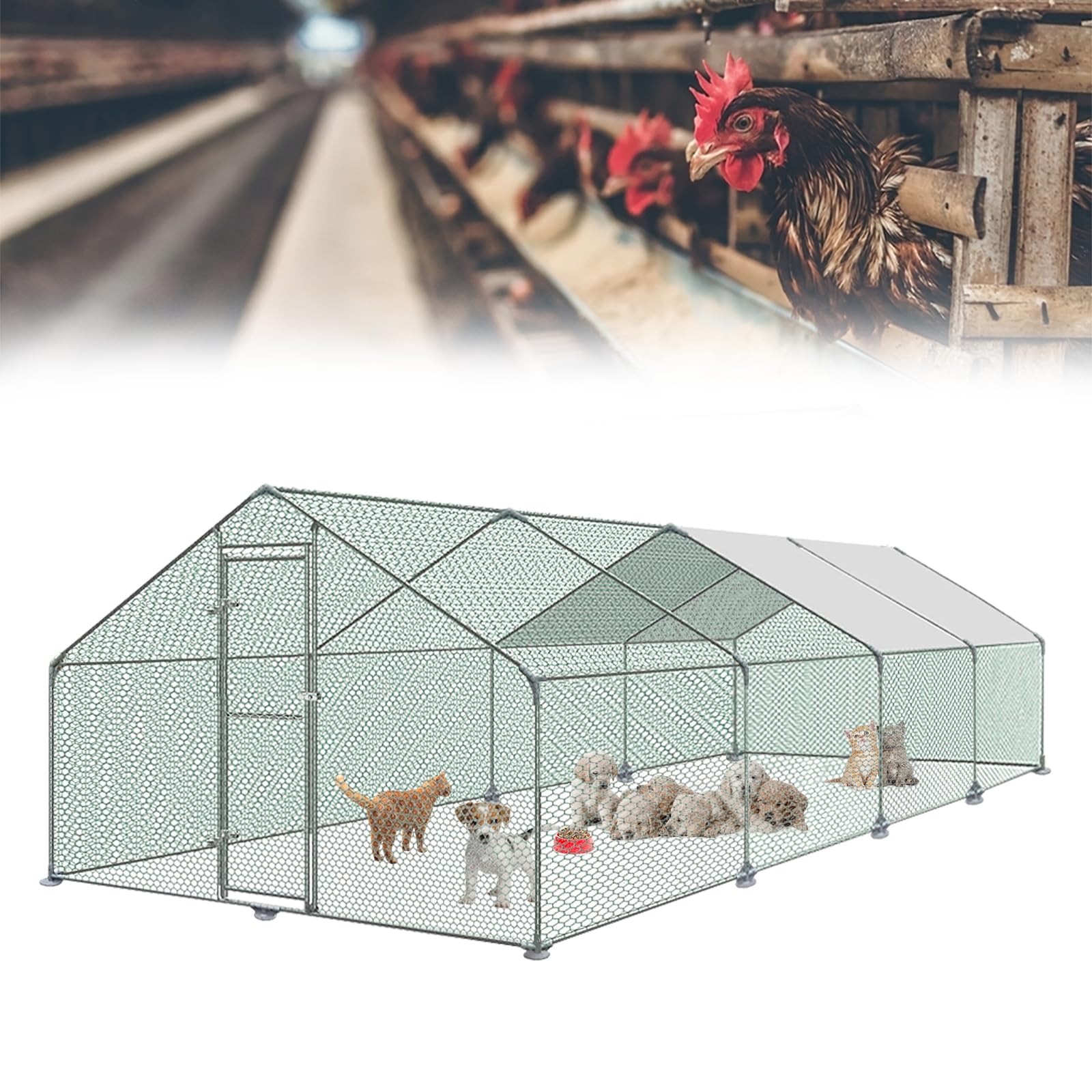 HENGMEI Pollaio 3x8x2m con recinto esterno, gabbie per piccoli animali, pollaio in acciaio zincato con tetto in PE, recinto esterno con serratura, gabbia per pollame