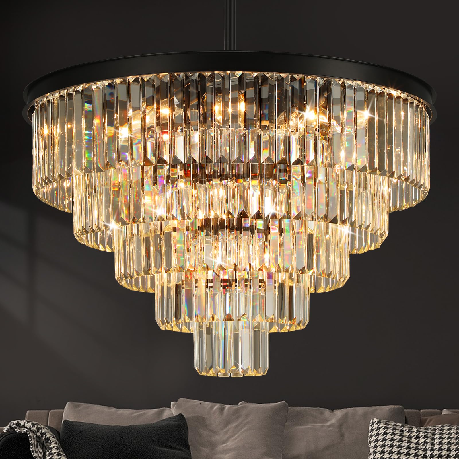 Crystal Chandeliers for Dining Room Lights Fixture Over Table 20 Lights Black Modern Chandeliers for Living Room 5-Tier