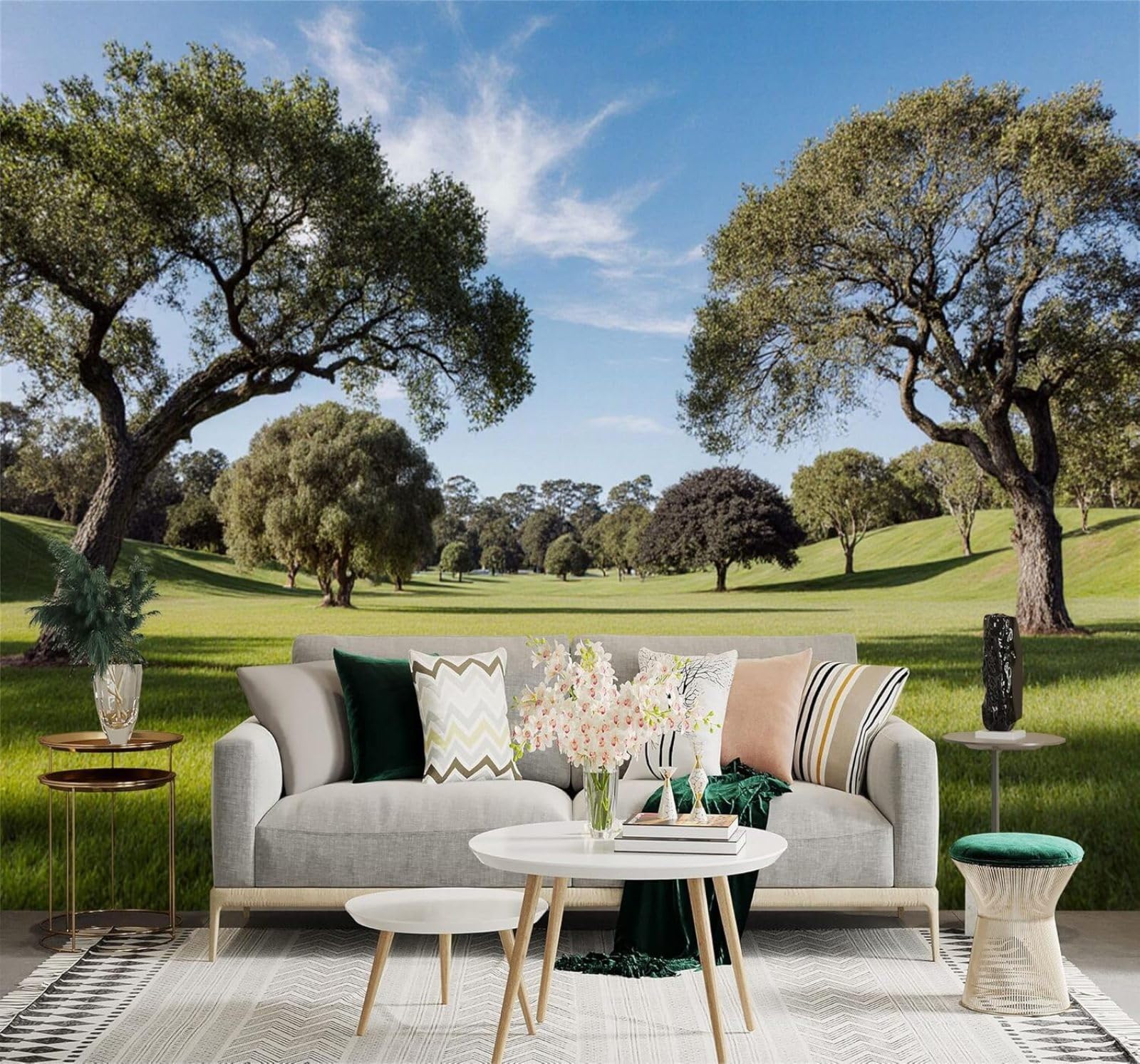 Tzxztt Fresh Lush Green Grass Swaying Tree Shadows Sky Scenery Modern 3D Wallpaper Premium Textured Silk Neutral Tones Material Ideal for Living Room Bedroom-200cm×140cm