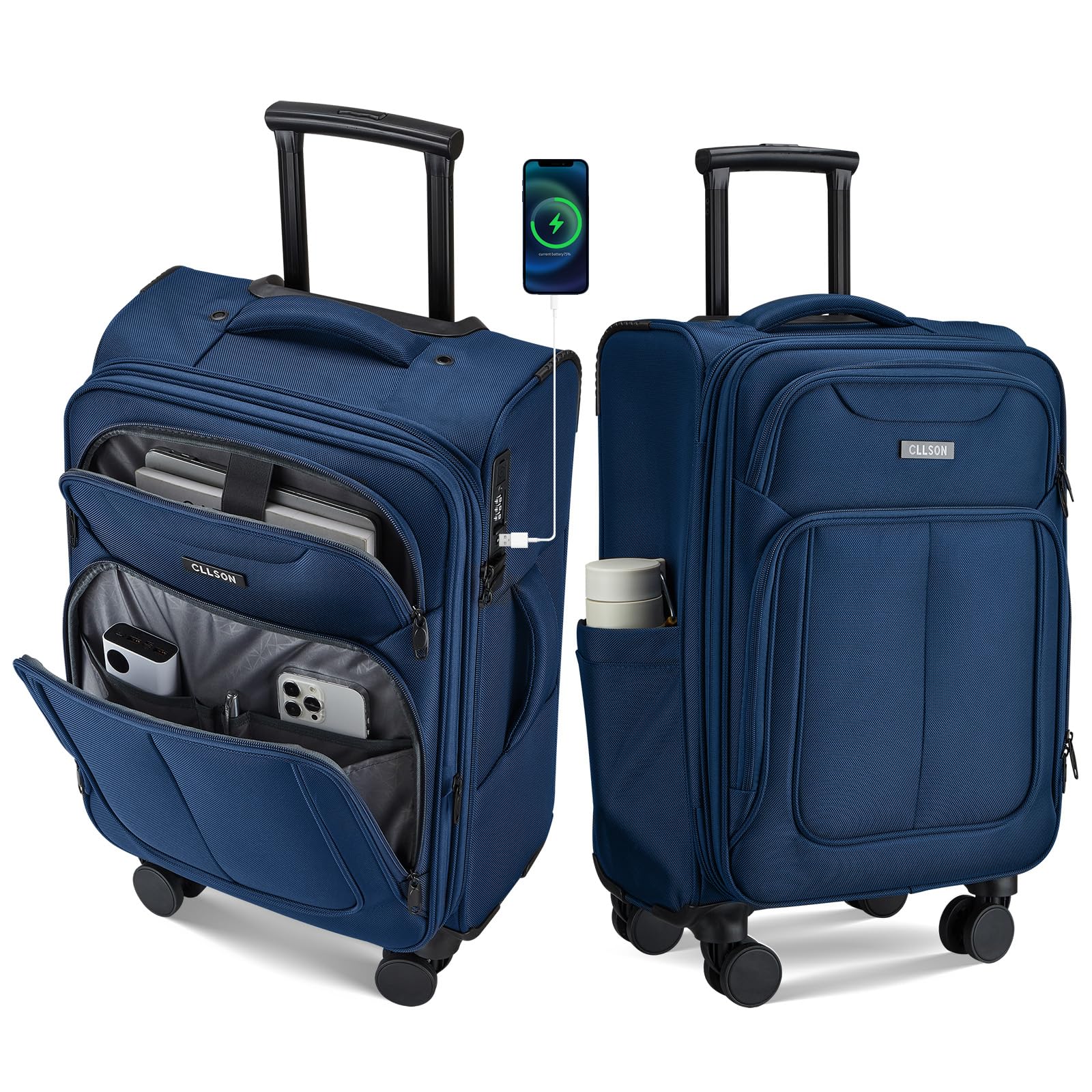 cllson Softside Top Opening Carry On Luggage 22x14x9 Airline Approved, 20 Inch USB Port Suitcases with Spinner Wheels, Expandable luggage with TSA Lock for Women Men(Blue, 20 Inch)