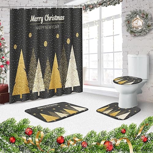 Miniatura 5 de ArtSocket Juego de baño rústico de Navidad con cortina de ducha y alfombras y accesorios, juego de cortinas de ducha desgastadas estilo casa de