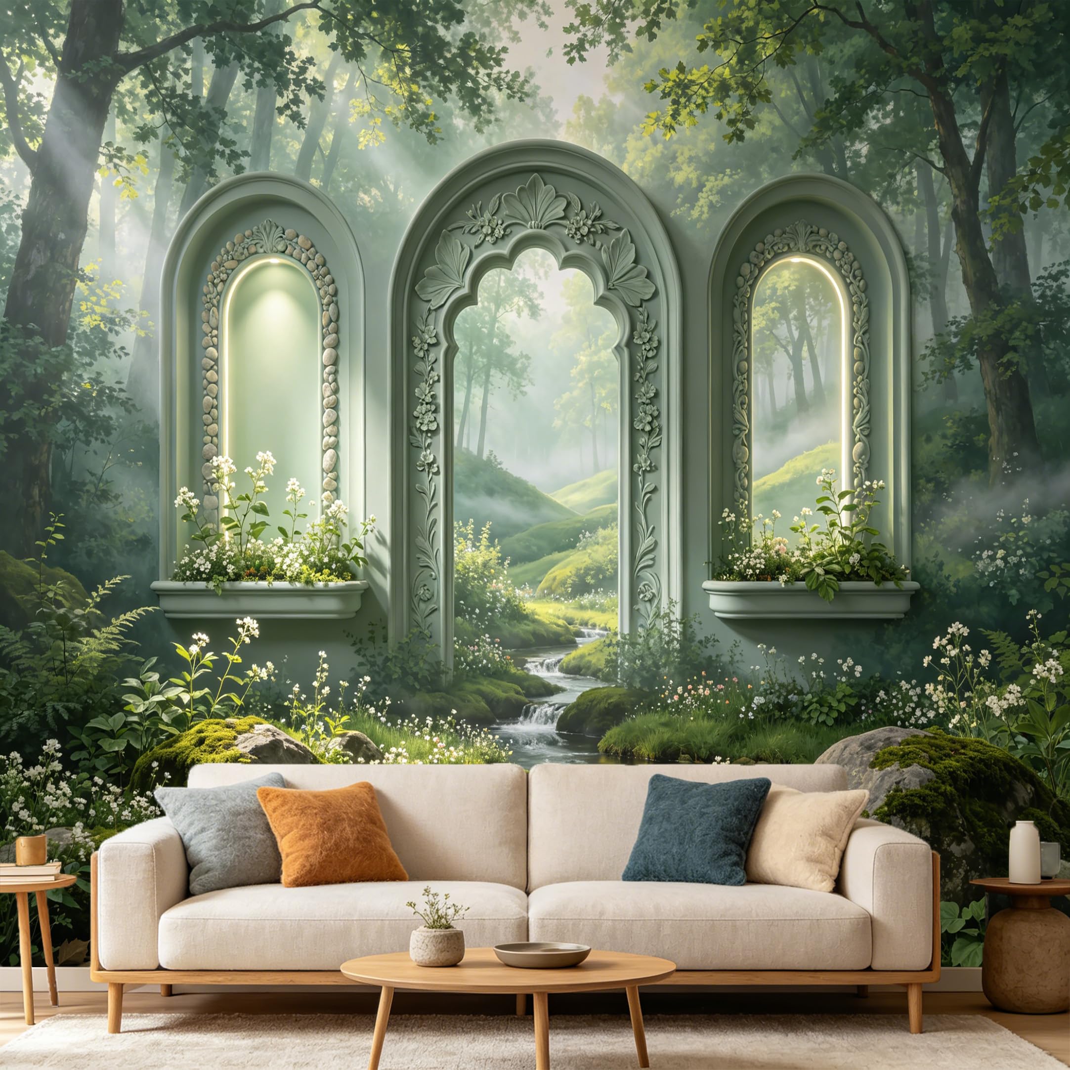 Custom Size Wall Mural， 3D Trompe L'Oeil Forest Archway Creek Scenic Landscape， SelfAdhesive Art Prints wall Fabric Removable Large Wallpaper Home Living Room Decor