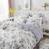 Vista 2 de FADFAY Juego de funda de edredón, ropa de cama floral elegante, beige desgastado con pájaros y flores, juego de funda de edredón vintage de granja