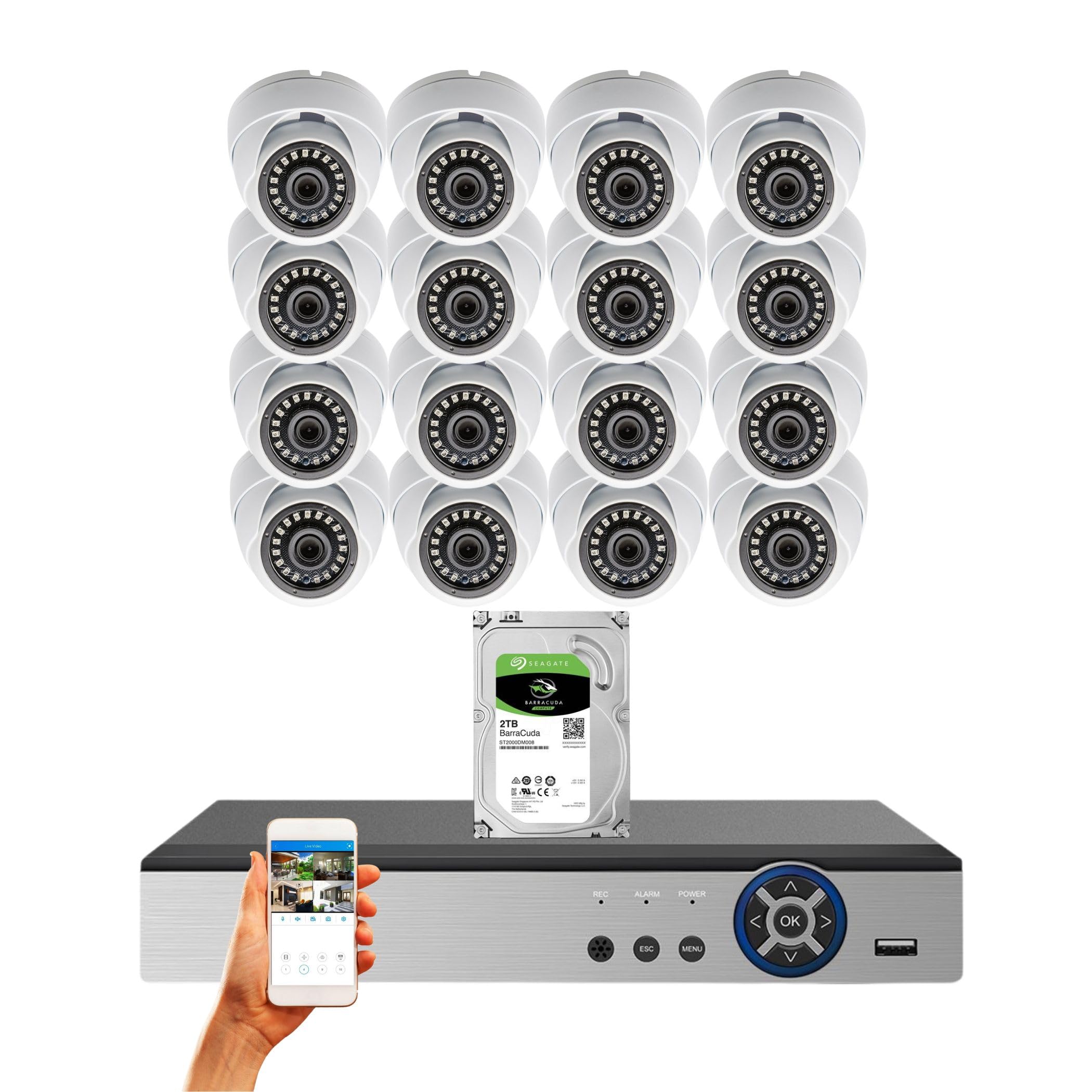 Evertech 16 Channel 1080p Surveillance System 2TB Hard Drive with 16 pcs. Indoor Outdoor Weatherproof 2.8mm Wide Angle Lens Dome Cameras