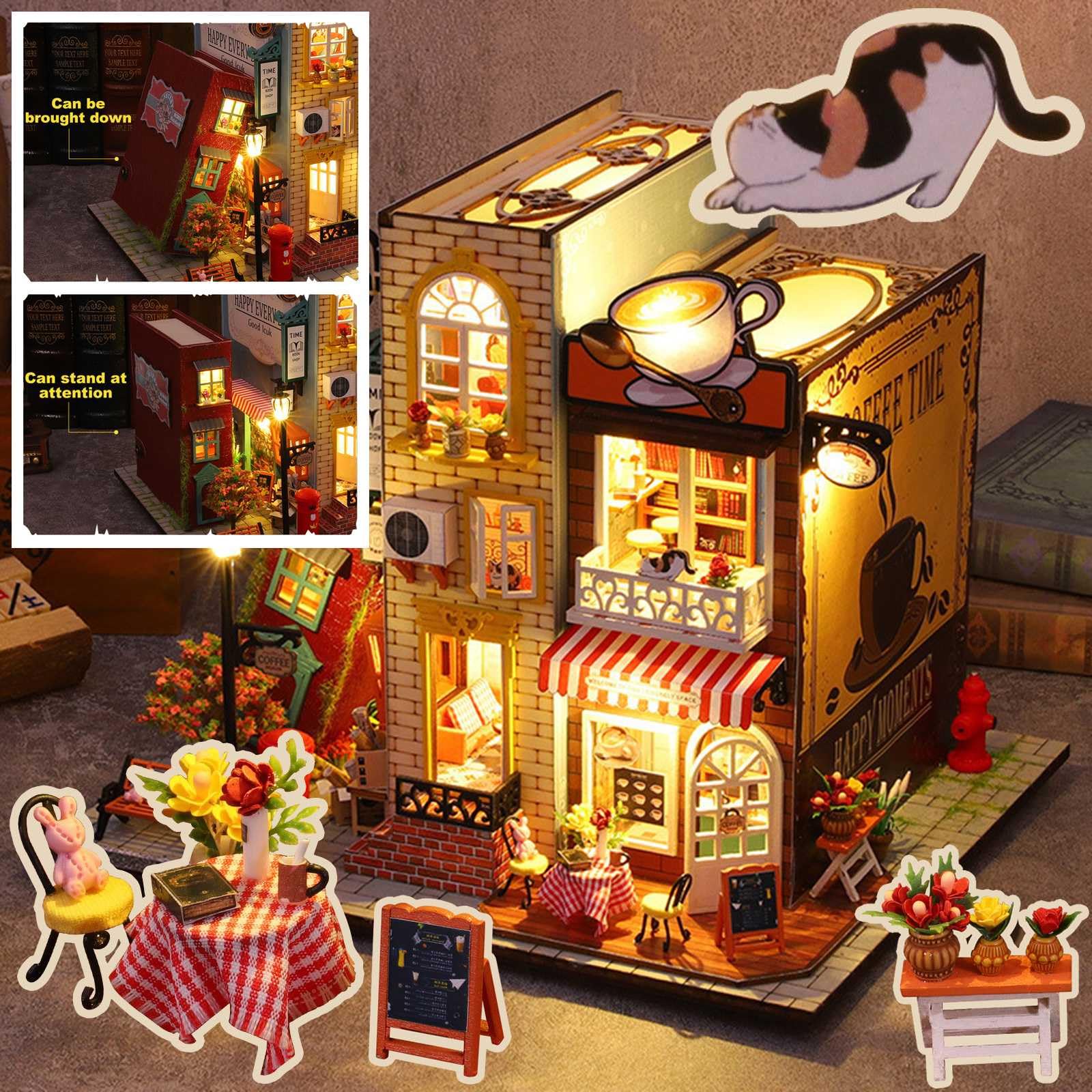 Model edukacyjny Miniaturowa biblioteka Zestaw do samodzielnego składania książek dla dorosłych, Drewniane puzzle 3D Bookend, Zestaw do budowania modeli domów z książkami Wstaw dekoracje ze światłem,