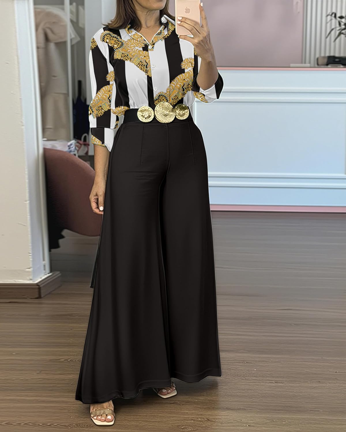 Women’s 2 Piece Satin Outfit, Long Sleeve Top and Floral Print Wide Leg Pants Set, High Waist, Elastic Waist - Image 4