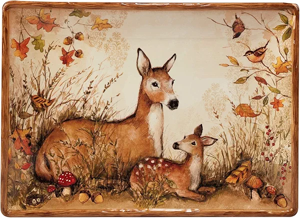 Pine Forest Rectangular Ceramic Serving Platter – 14" x 10" Fall Woodland Animal Tray Featuring Deer & Autumn Leaves – Ideal for Holiday Roasts, Cookies, Appetizers & Thanksgiving Meals