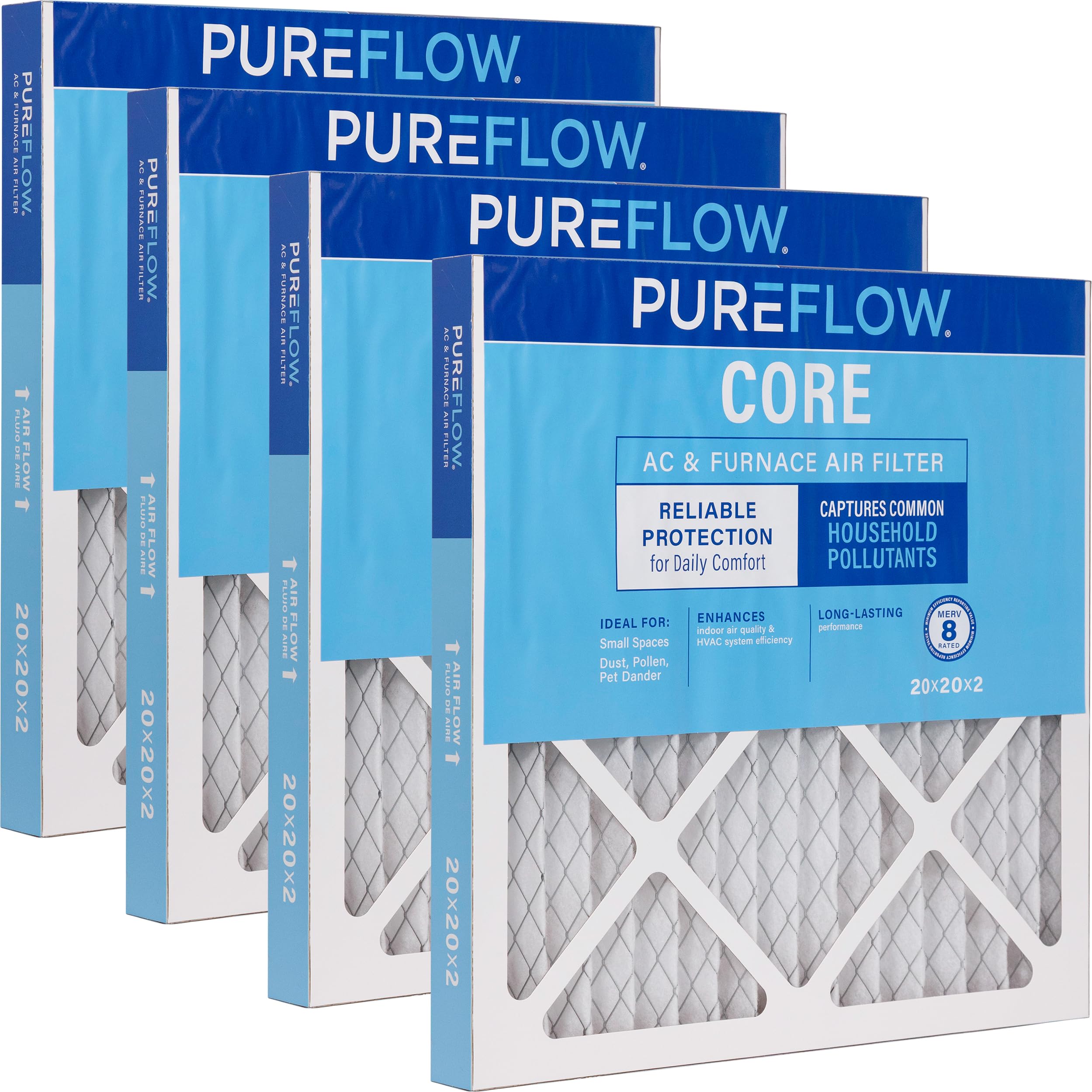 PUREFLOW Home Air Filter MERV 8, 20x20x2 Furnace Filter, 4 Layer High Efficiency Filtration for Dust, Smoke, Fumes, Pollutants (4-Pack)