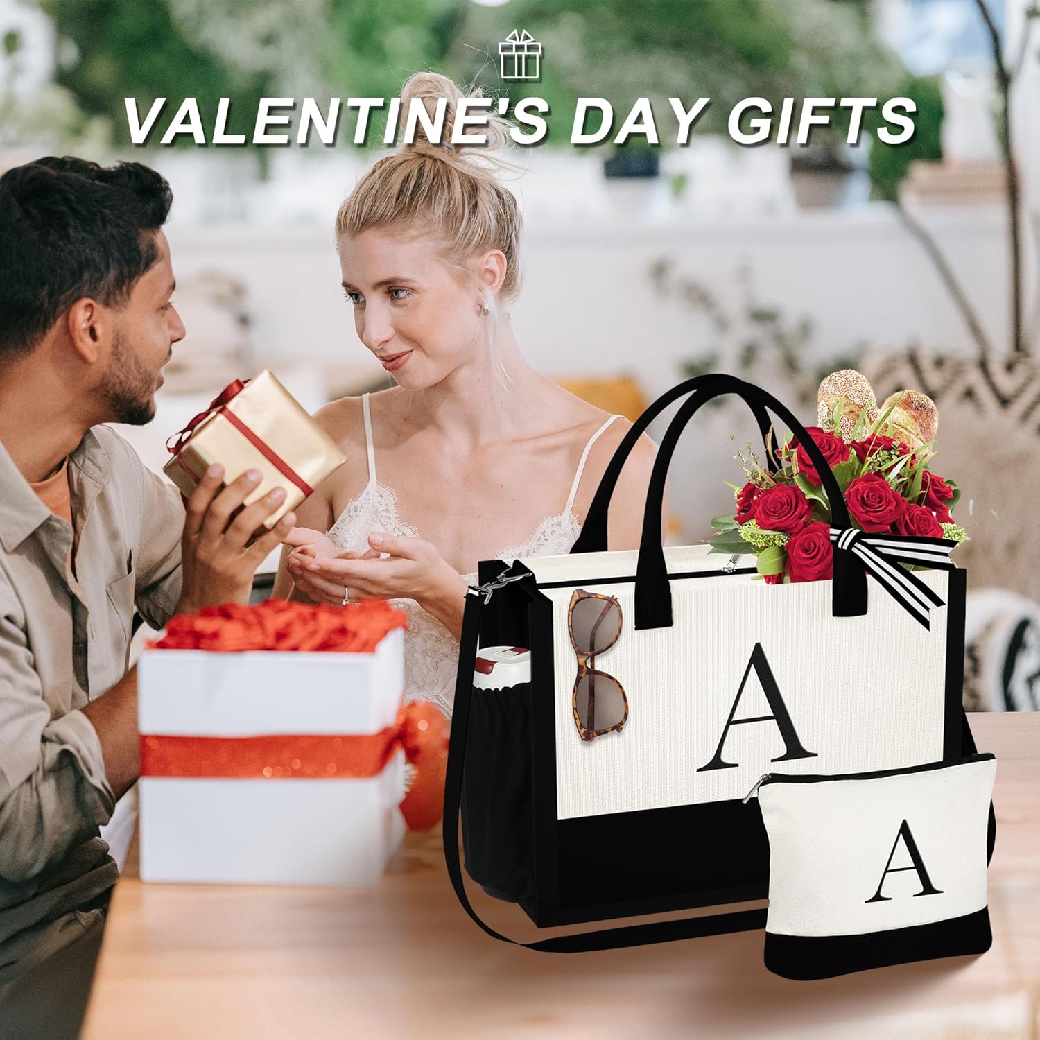 YOOLIFE Valentines Day Gifts for Women - Initial Canvas Tote Bag & Makeup Bag, Birthday Gifts for Women Mom Sister Friends - Image 2
