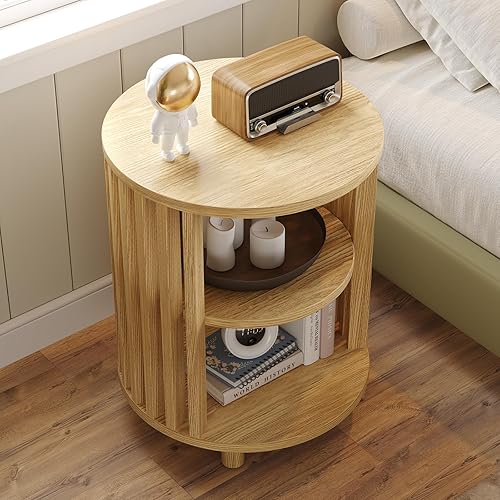 Miniatura 8 de Mesa auxiliar redonda, mesas auxiliares de roble, mesita de noche moderna de mediados de siglo con almacenamiento de 2 niveles, mesita de noche