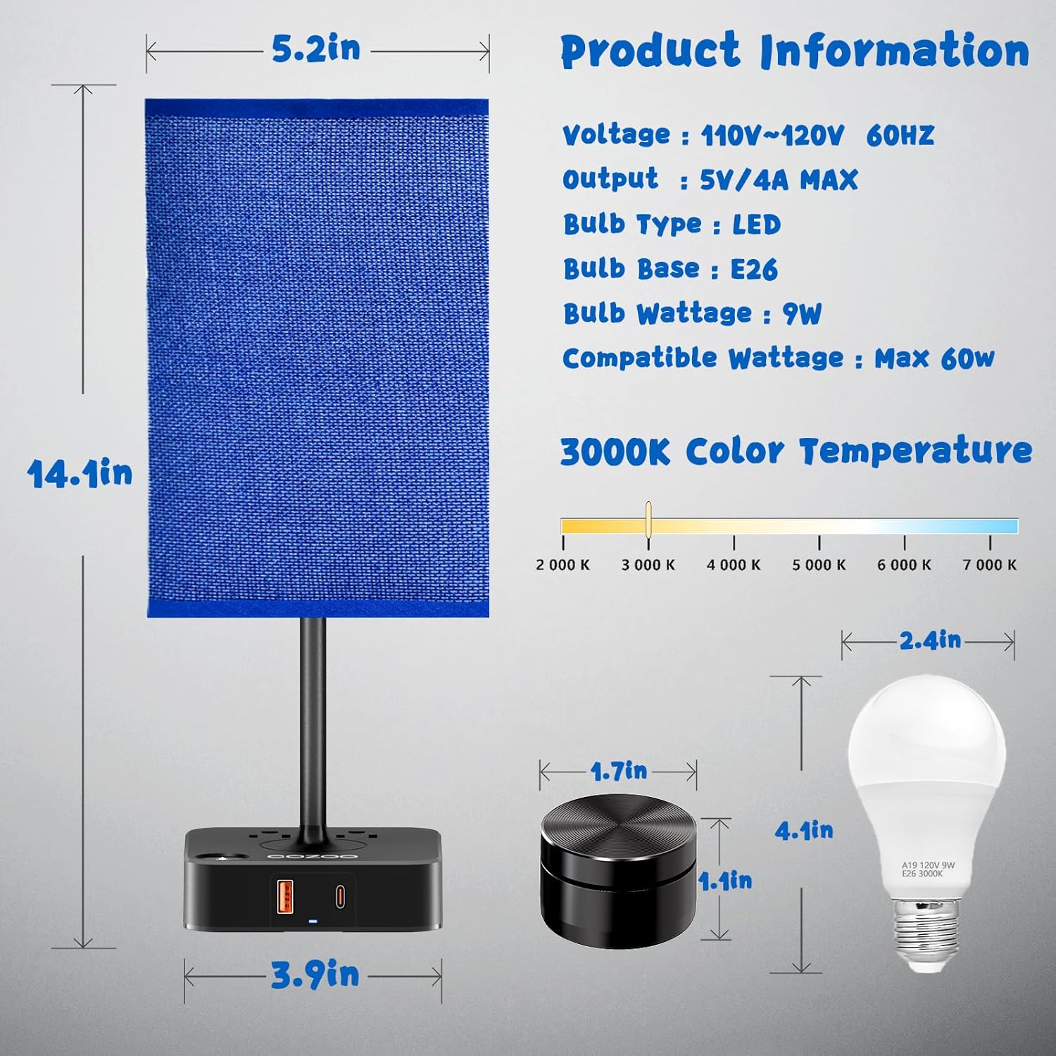 Bedside Lamp & Desk Lamp with Remote, Touch Control, USB-C/A Ports + Outlets | Blue Fabric Shade Nightstand Table Lamp for Bedroom, Living Room Lighting | Cute Modern Boho Lamp with Charging Station