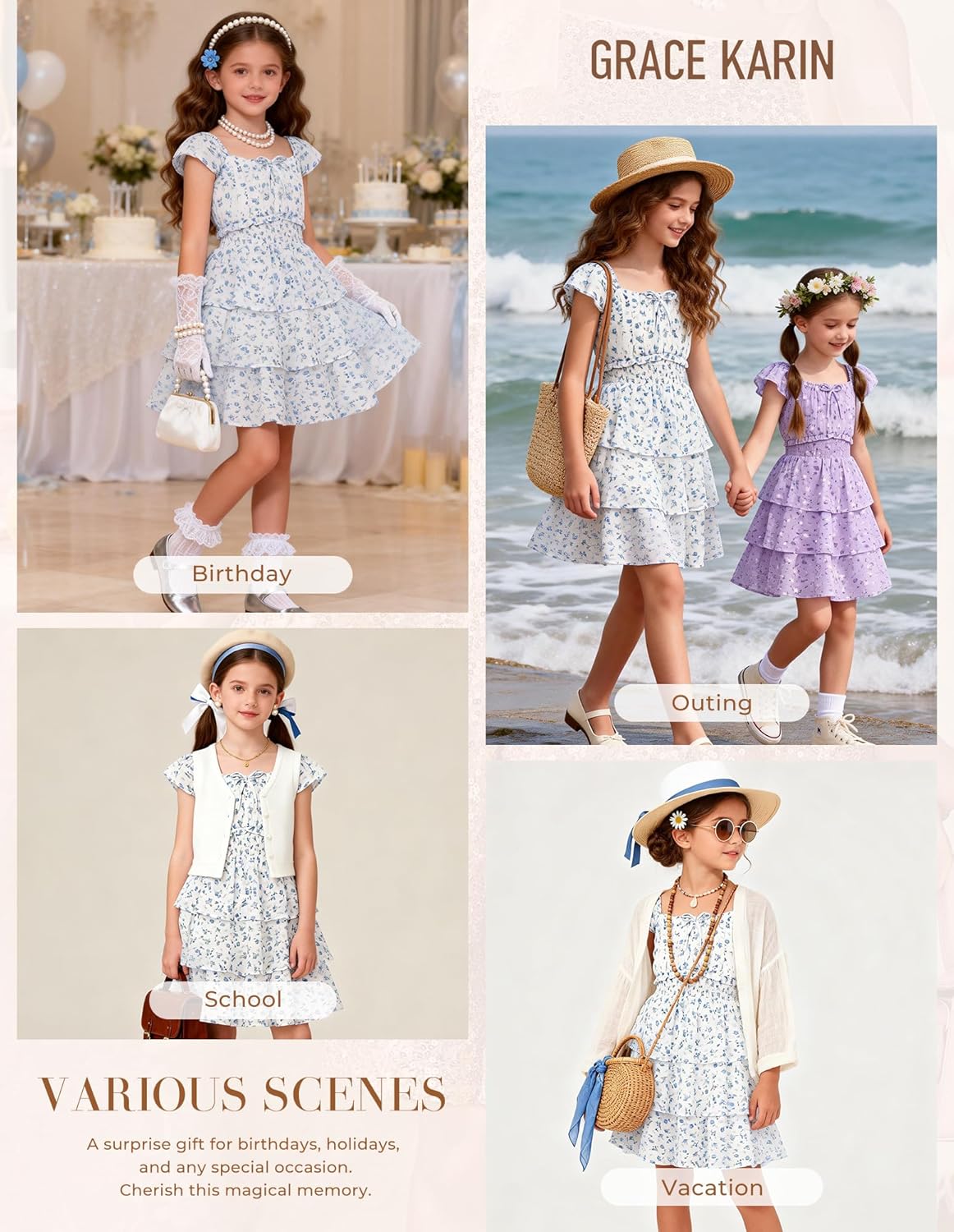 GRACE KARIN Girls Spring Summer Floral Dress Teen Ruffle Smocked 3 Layerr Dresses Kids Cute Boho Easter Clothes Size 7-14
