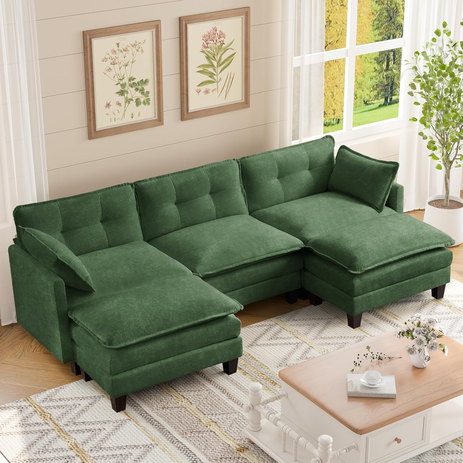 Amsleekey Modular Sectional Sofa, 111.5" U-Shaped Chenille Comfy Sectional Couches for Living Room, 3-Seater Cloud Couches with 2 Movable Ottomans,