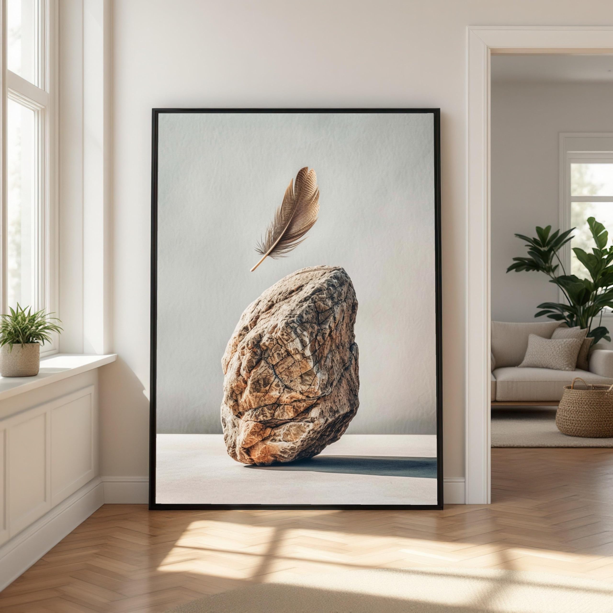 Caoxtart Men's Frameless Feather Floating Above Rock Canvas Prints, Minimalist Nature Wall Art, Neutral Stone And Bird Feather Painting(70X110cm/Frameless)