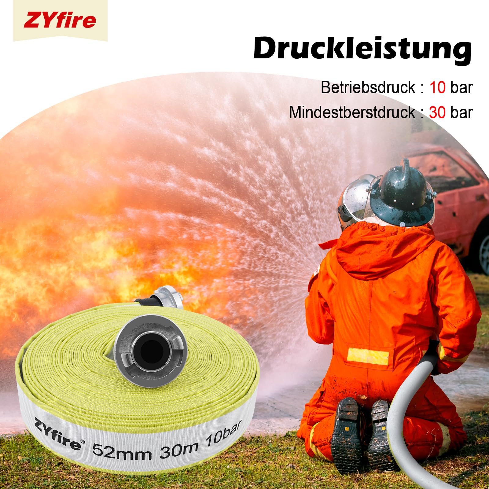 ZYfire Feuerwehrschlauch 52mm x 30m | 2 Zoll Schlauch mit C-Storz Kupplung | Flexibler Wasserschlauch für Industrie Gebäude, 10 Bar Betriebsdruck, -25°C~+60°C, Korrosions- & Abriebfest, Flach Aufrollbar