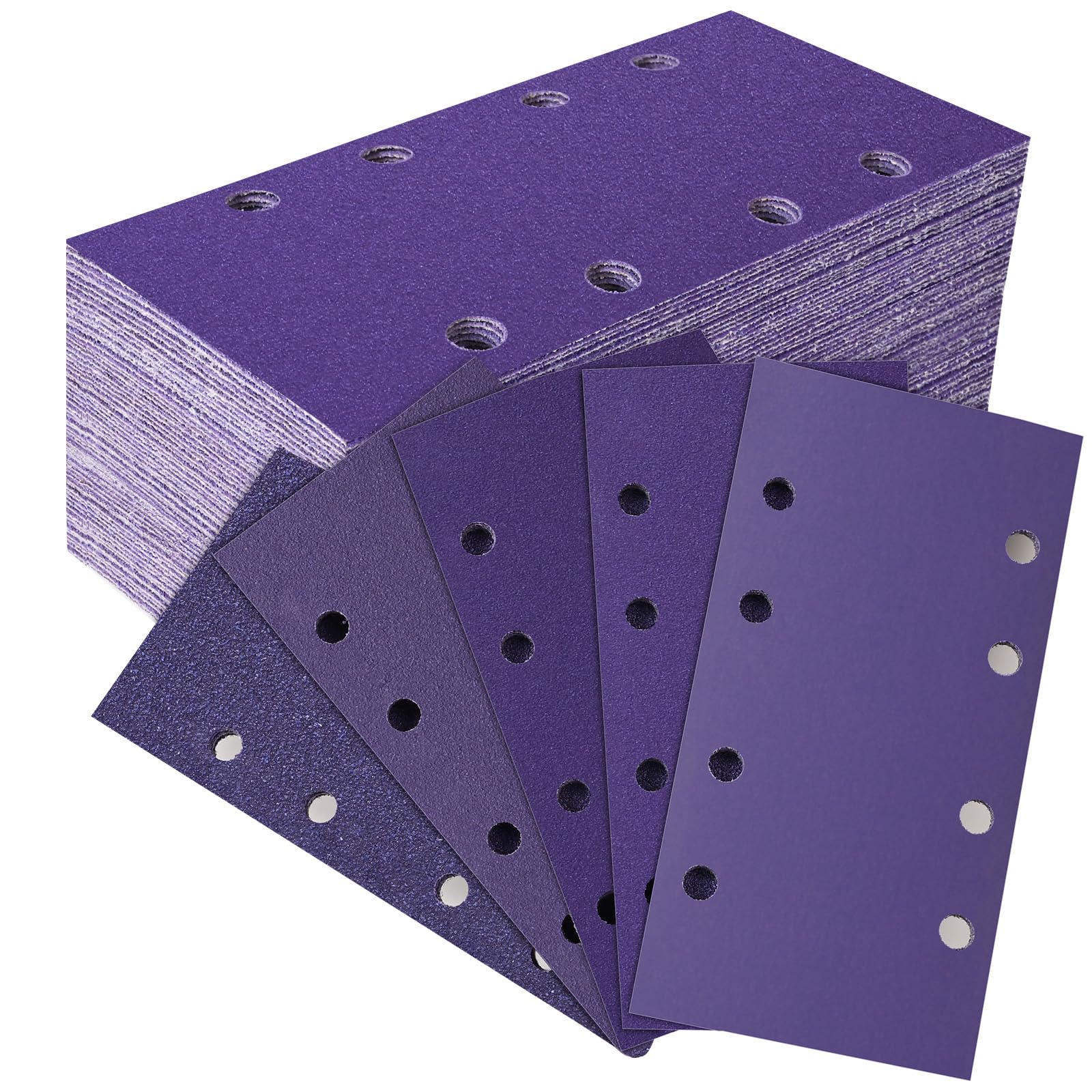 50 Pièces Feuilles Abrasives Céramique 93x185mm, Grain 60/80/120/240/400 Papier a Poncer 8 Trous Rectangulaire Papier de Verre pour Ponceuse Orbitales Ponçage Bois Métal Peinture