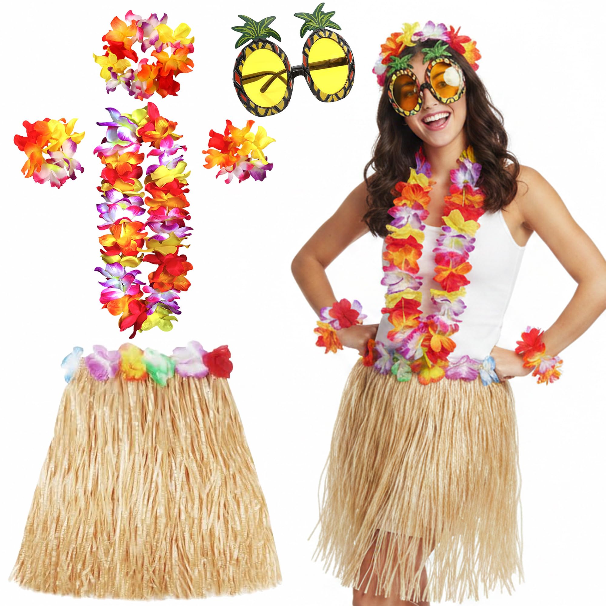 Hawaiian Flower Garlands Fancy Dress - Hawaiian Leis Flower Garland Necklace Grass Skirt Pineapple Sunglasses, Multicolor Flower Accessories for Luau Party and Tropical Beach Summer Celebrations