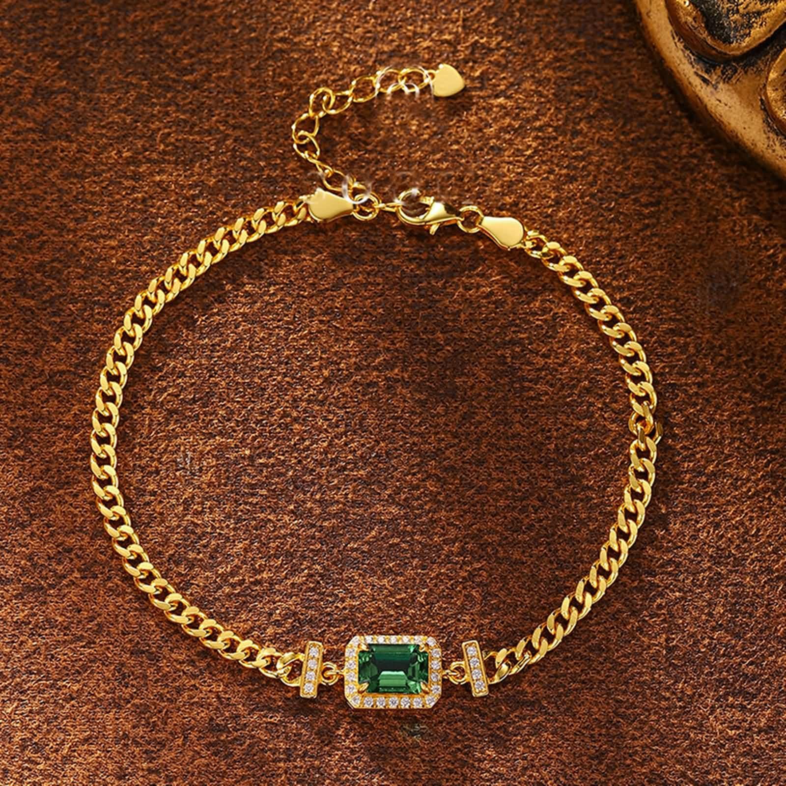 Donna Bracciale Oro 9 Carati / 14 Carati / 18 Carati 750, Rettangolo con Smeraldo Sintetico da 1ct e Moissanite, Regolabile 16 CM + 5 CM, Bracciale Catena Verde Oro Donna