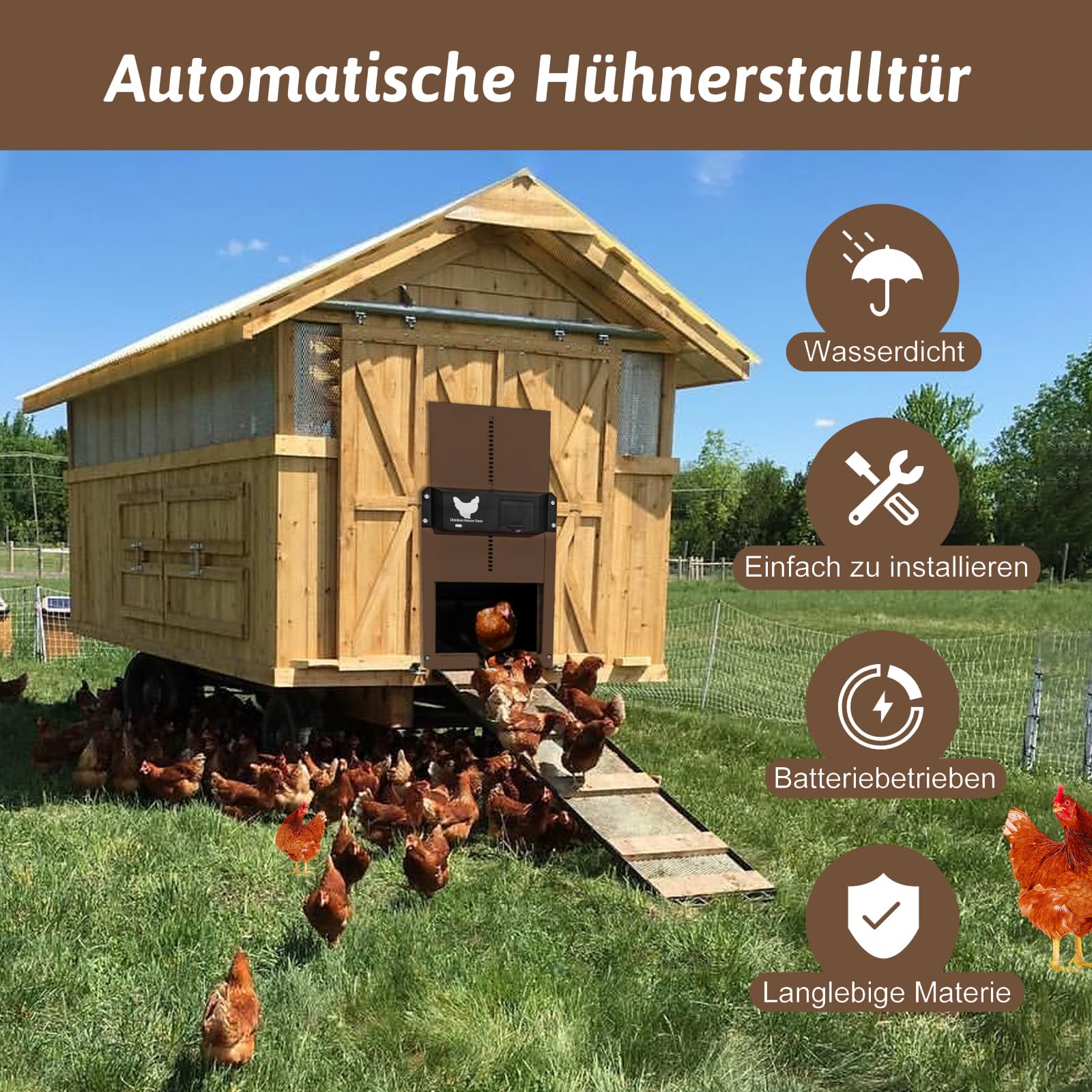 Porte Poulailler Automatique Solaire, Porte De Poulailler Automatique Batterie, Automatic Chicken Coop Door, Etanche avec Capteur de Lumière Porte De Poulailler à Induction à Pile, pour Poulets Canard