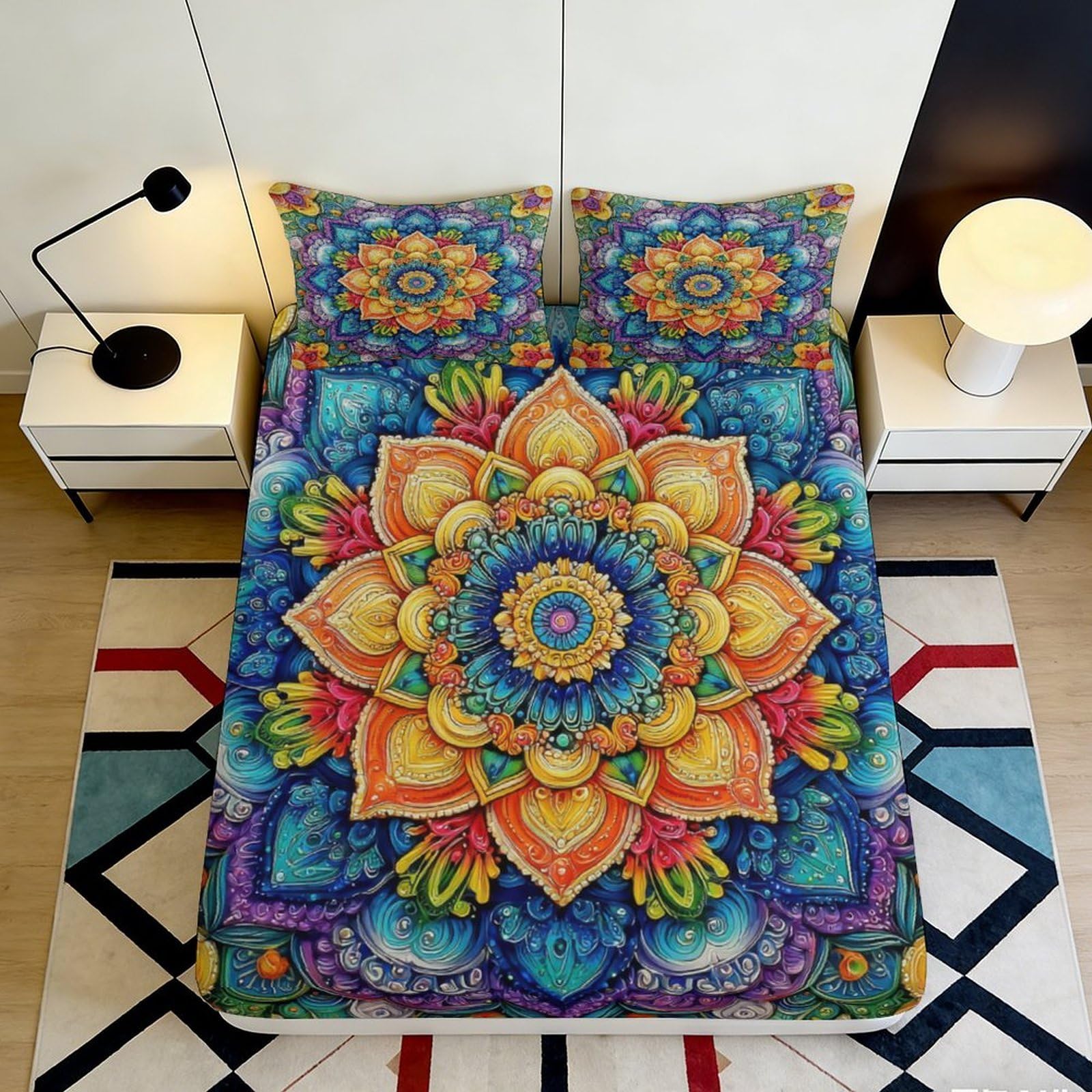 3D Printed Mandala Flower Fitted Sheet Microfiber Vibrant Boho Art Mattress Cover for Bedroom Dorm Home Decor 90x200x25cm