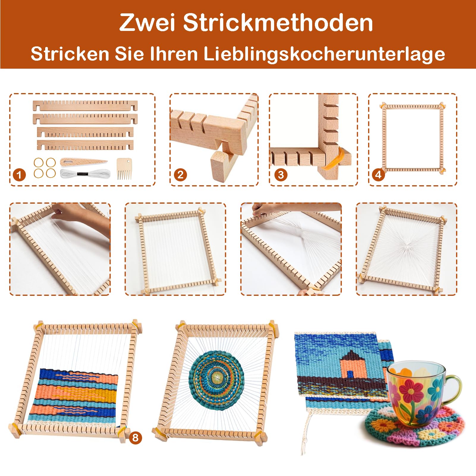 LYKTRIX Set di telai in legno per bambini da 4 a 12 anni, con accessori da 13 pezzi (filato, ago, pettine) per la tessitura di arazzi e sottobicchieri rotondi/quadrati